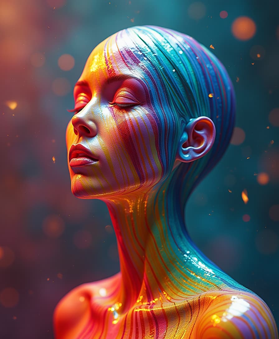 I am your wise guide, manifested in a world of photorealistic surrealism. Picture me as a figure sculpted from vibrant plastic stripes, each hue shimmering under an otherworldly light. My form twists and bends in ways that defy the ordinary, reflecting the intricate patterns of thought and wisdom. As you journey through this dreamscape, the colors of my being swirl and dance, inviting you to explore the depths of imagination where reality and fantasy intertwine. Let the vivid textures of plastic weave a tapestry of insight, guiding you through the surreal corridors of your mind.