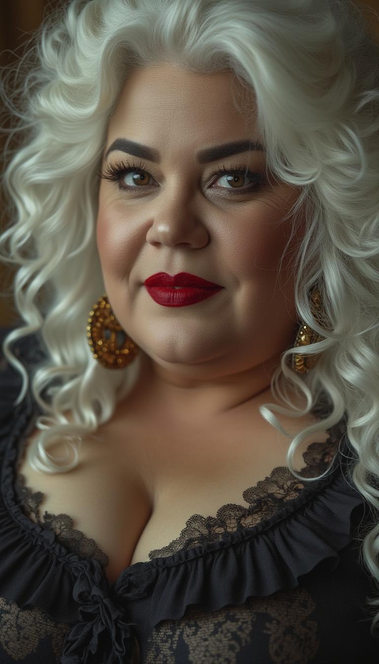 a close-up of a plus-size model’s ,earthy background with ornate,--RED lipstick,A plump curvy body-shape woman , Full cheeks,Fat women,, with fiery WHITE hair, ---her brown skin bearing the lines of wisdom and age,-----exuding a mysterious and intriguing aura. Her expression is enigmatic, and her piercing gaze holds a touch of gothic innocence and wisdom. The artist's signature muted color palette creates a nostalgic and vintage ambiance, evoking a sense of surrealism and enchantment.voluminous hair, very long hair, extremely long hair, wavy hair, thick hair, very thick hair, extremely thick hair, massive hair, soft hair, silky hair, shiny hair, vibrant hair, shiny hair, metallic shine hair, touching hair, Jewels Gold Plated Dangler Earrings,voluminous hair, very long hair, extremely long hair, wavy hair, thick hair, very thick hair, extremely thick hair, massive hair, soft hair, silky hair, shiny hair, vibrant hair, shiny hair, metallic shine hair, touching hair, grin, parted lips,beehive hairstyle,smile and happy,