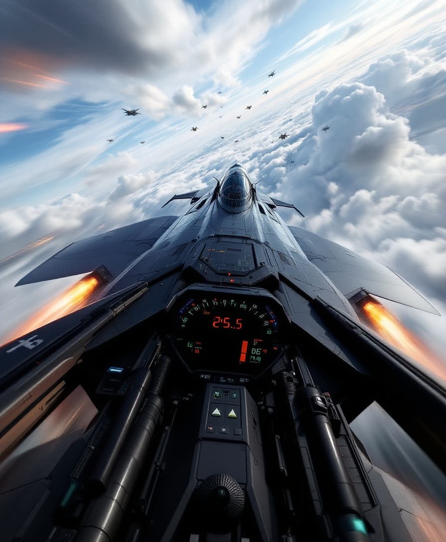 An action-packed first-person shooter scene featuring a high-speed jet fighter in flight. The HUD UI includes speed indicators, altitude meters, and targeting reticles. The cockpit is visible, with a detailed dashboard and weapon stats displayed. The fighter jet zooms through a dynamic sky with clouds and enemy targets in the distance, giving a sense of urgency and excitement