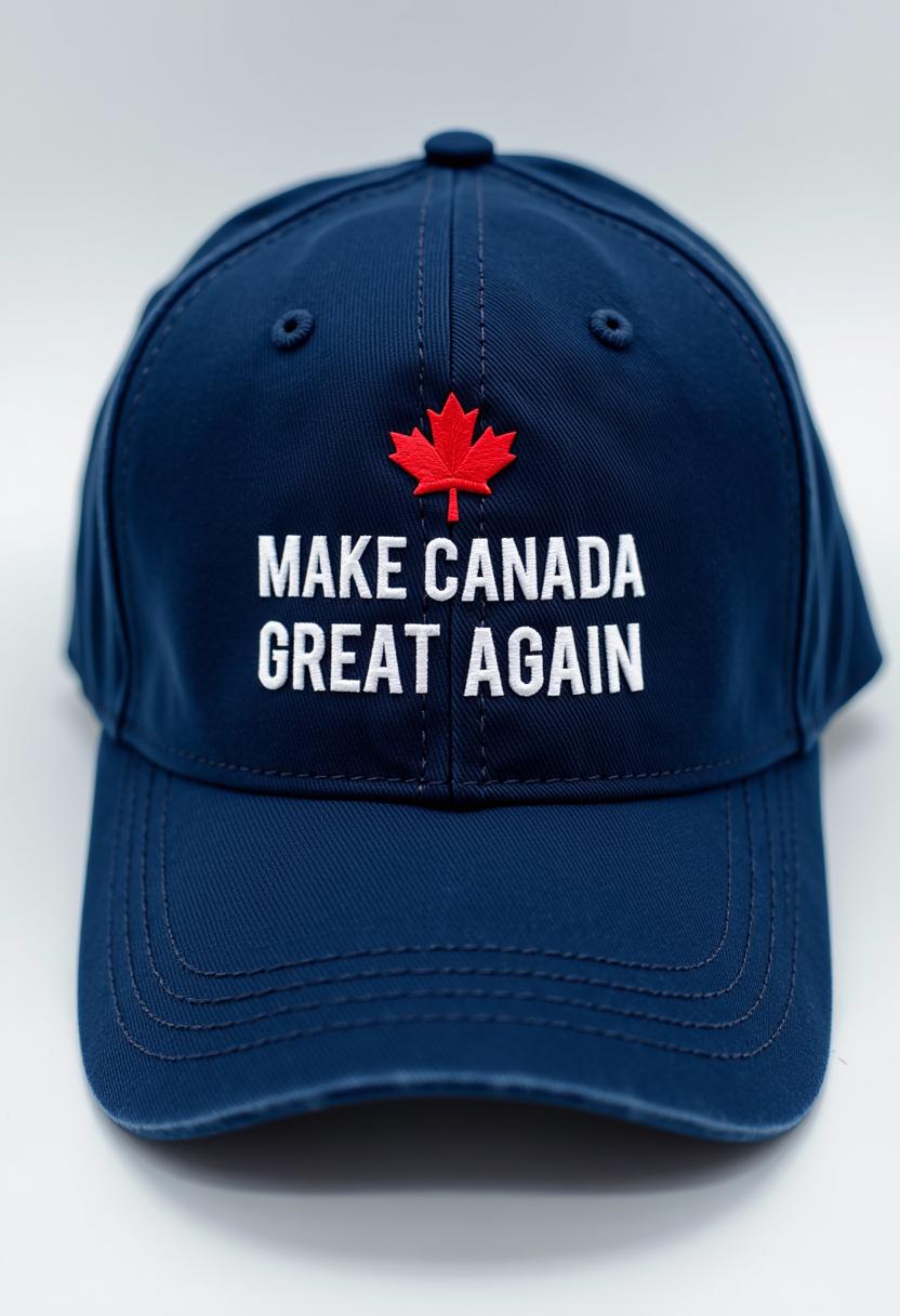 create an image of a navy blue baseball cap with that reads "MAKE CANADA GREAT AGAIN" with a Canadian red maple leaf above the text