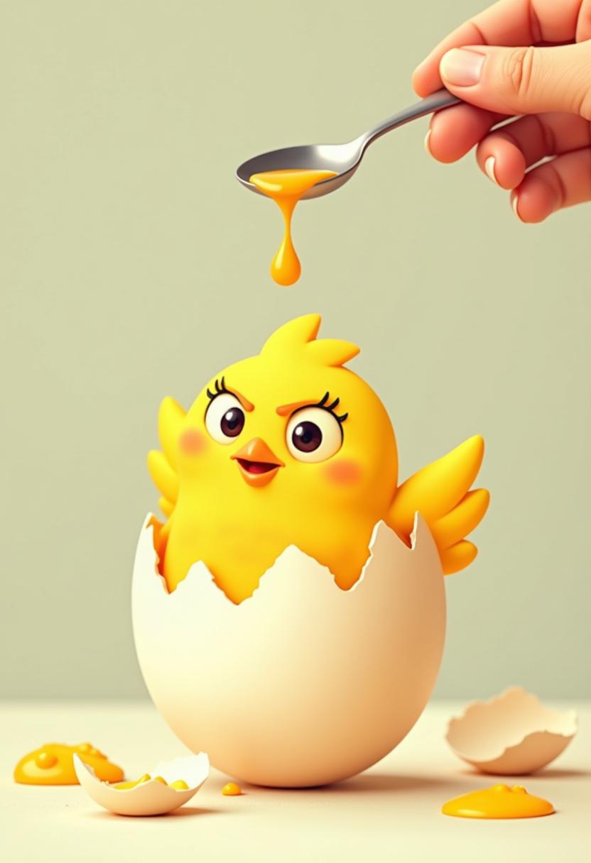 The image features a cartoon-like yellow chick that appears to be angrily emerging from a cracked eggshell. A hand is holding a spoon above the chick, from which drops of liquid are falling. The background is a soft, muted color, and there are egg shell fragments scattered around. The chick has a playful and exaggerated expression, adding to the humorous tone of the image.