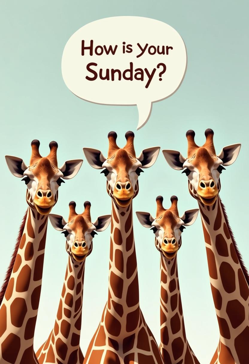 realistic close-up of the heads of 5 giraffes, looking down straight to the camera, with a speech bubble  saying "How is your Sunday?"