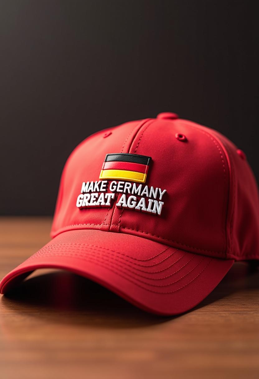 create an image of a red baseball cap with that reads "MAKE GERMANY GREAT AGAIN" with a small german flag above the text