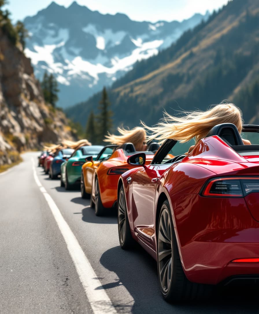 A row of five Tesla Roadsters (2025) in different colors on mountain road in sunny daylight, the female drivers with long blond hair in the wind