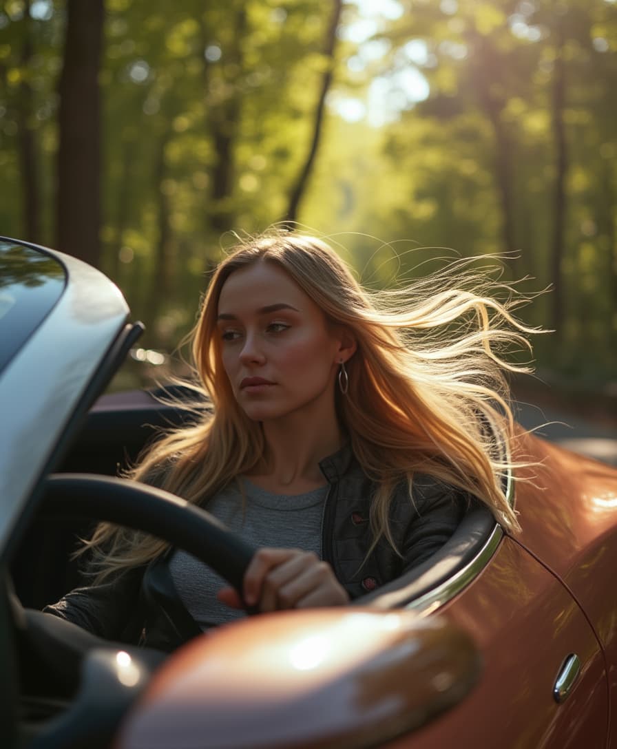 Tesla Roadster (2025) in forrest on a sunny day, the female driver has long blond hair in the wind. focus on car and driver, bokeh
