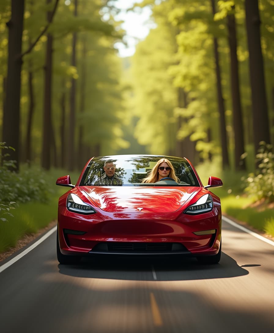 Tesla Roadster (2025) in forrest on a sunny day, the female driver has long blond hair in the wind. focus on car (full cat view), bokeh