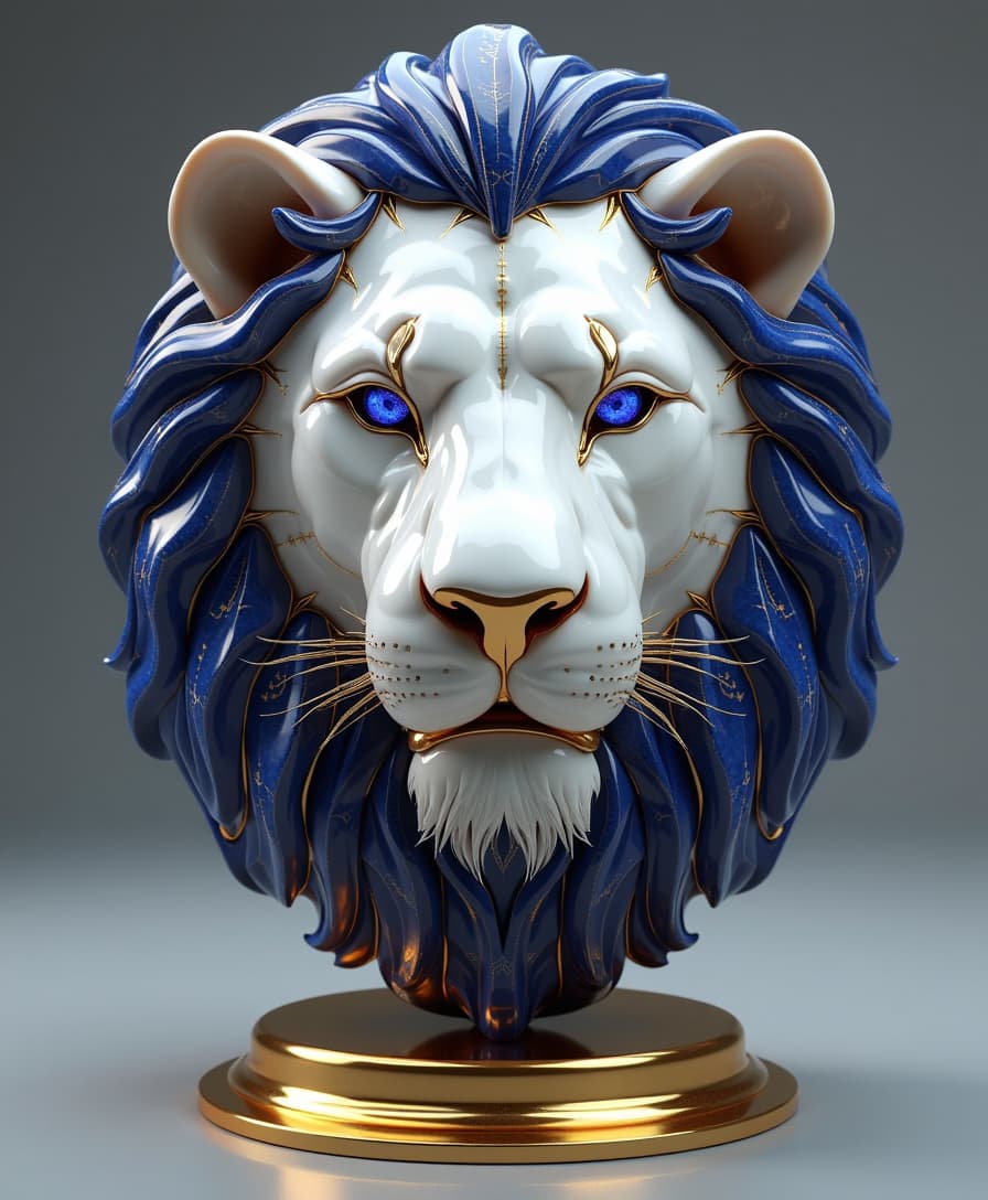 Create an ultra-luxurious 3D lion head sculpture, crafted from the finest blend of white marble and deep blue lapis lazuli, seamlessly fused with intricate gold Kintsugi detailing. The lion’s eyes must be radiant blue sapphire gemstones, glowing with an intense, regal presence. Every texture and detail—from the lifelike fur patterns to the polished stone surfaces—must be meticulously rendered with photorealistic precision. The composition should follow the golden ratio, ensuring perfect facial proportions and a harmonious balance of materials. The sculpture should rest on a polished gold base, reflecting light elegantly. The lighting must be soft yet dramatic, accentuating the depth of the materials and the intricate golden fractures within the marble and lapis lazuli. Rendered in ultra-high resolution, this masterpiece should exude timeless elegance, power, and artistry, capturing the essence of a majestic lion in its most refined form.