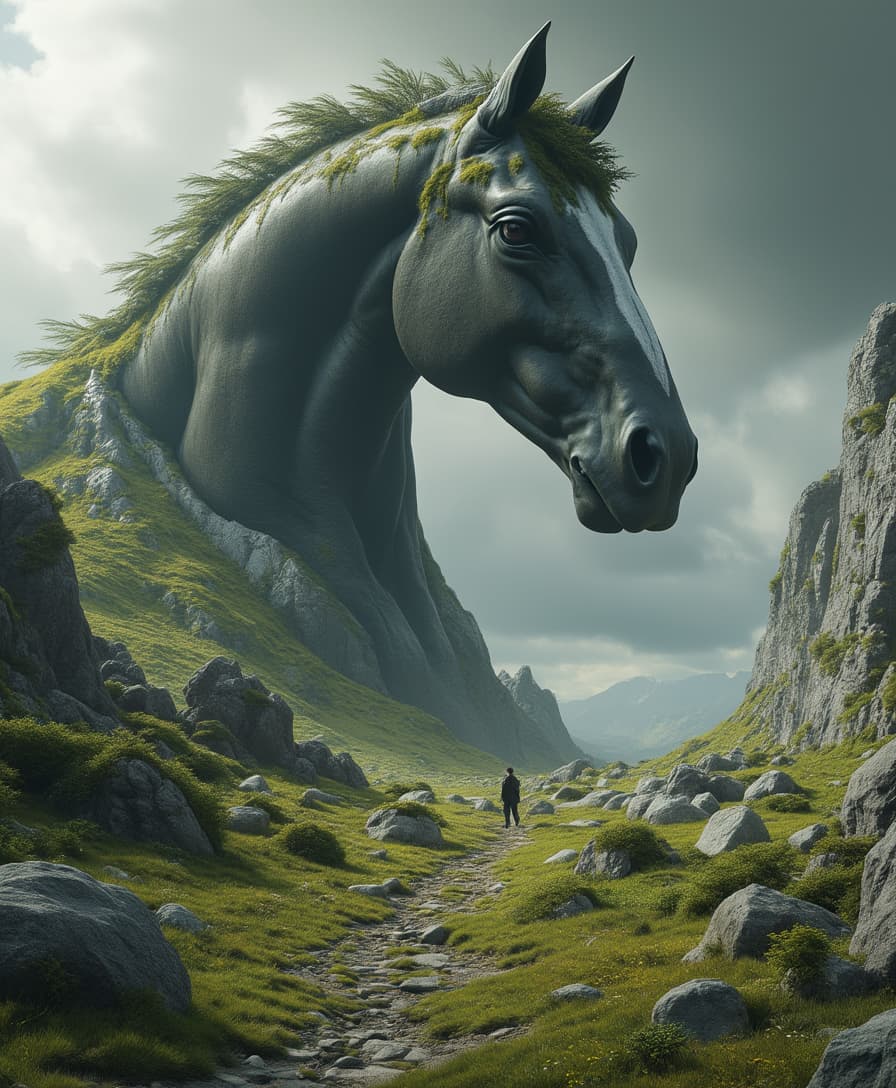 In a rock material style, the scene presents a colossal formation similar to a horse, its unusual profile coming out of a hilly hilly landscape. A single figure is in the foreground, dwarf of the monumental dimension of this natural miracle, emphasizing its greatness. Surrounded boulders, draped in vibrant green muscle, adds a soft contrast to the injured vision, while a smaller gray and a larger brown anchor the scene, creating a visually harmonious composition. The dark clouds, turbulent turbulent in the background, injecting drama and an imminent sense of change. The hyper-real style captures every detail of the texts of the muscle and stone surfaces, while the gray palette evokes in the middle of the contrasting natural shades. The gentle, diffuse lighting, warms the scene, emphasizing the shades of contours and textures and increasing the immersive experience. The first grass, potentially punctuated with unseen flowers, invites the spectators to imagine a peaceful walk through this enigmatic landscape, mixing the clear beauty of nature with the gross power of the colossal formation. The atmosphere balances the tranquility and tension, creating a captivating narrative that attracts the observer in a world where the art of nature and human traits converge.