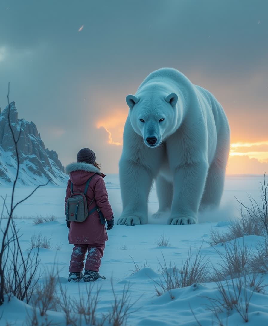 Create a dramatic, atmospheric scene set in the Arctic wilderness. A lone female scientist, dressed in heavy winter gear, stands in a vast, frozen landscape under a twilight sky. The wind howls, swirling snow around her, as she faces a massive, polar bear with ice blue  eyes. The ice bear is silhouetted against the fading sun. Behind them, a crumbling research station rattles in the storm, and in the distance, jagged ice fields and a towering, shimmering ice wall hint at ancient secrets buried beneath the frozen expanse. The atmosphere is tense, mystical, and foreboding, blending elements of science, myth, and the supernatural.