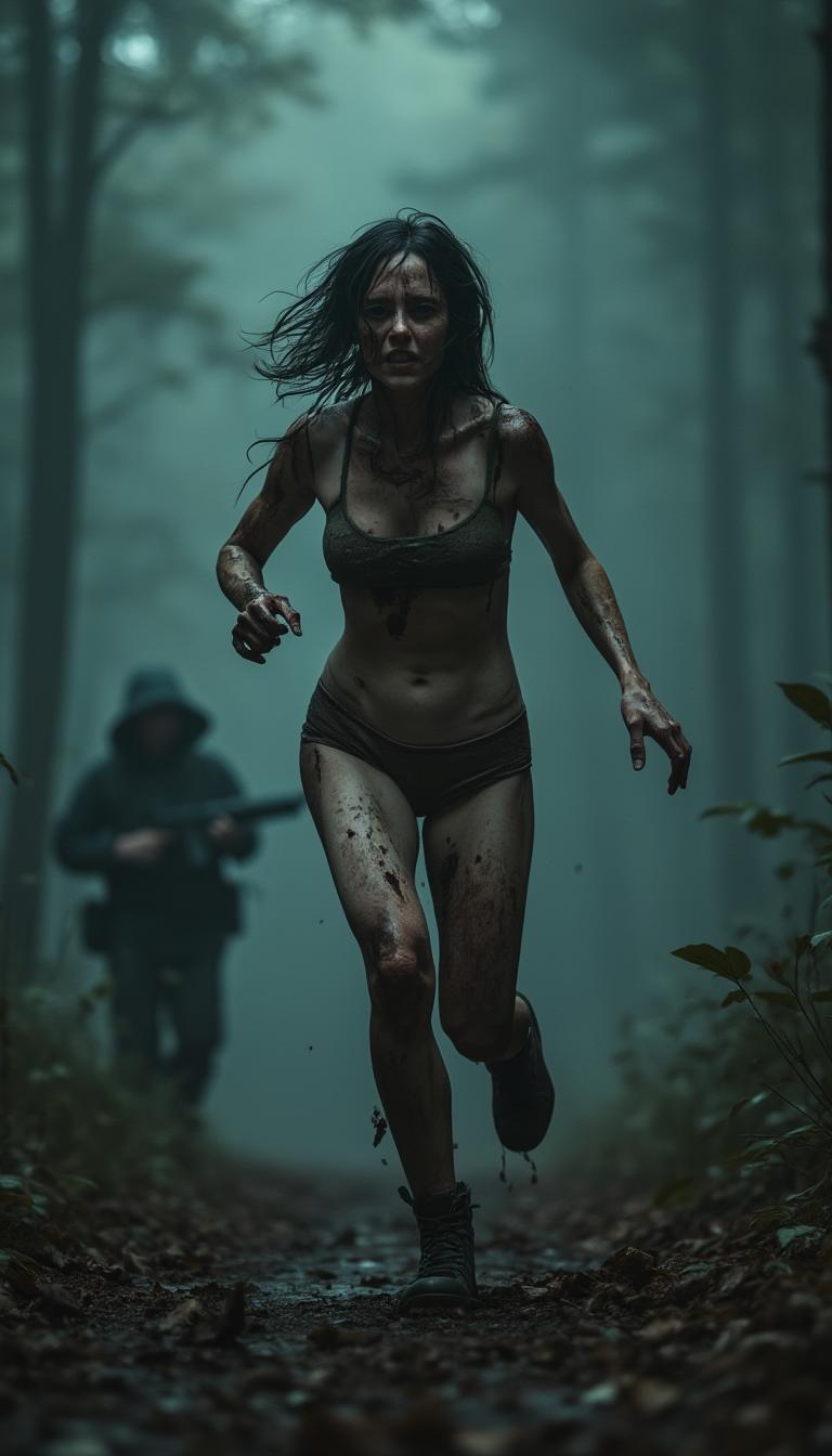 A cinematic horrific hunting scene in dark forrest. a running skinny woman only wearing underwear complete dirty, bloody and moody skin with extreme faer face expression is running towards camera. In the blurry background a silhouette of a hunter in black hoody and military dress holding a gun is visible, deep dark forrest with fog all around, very low light