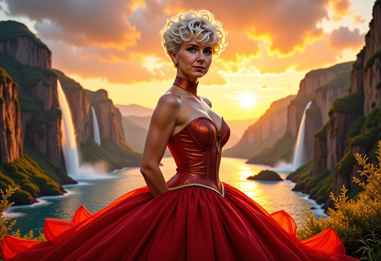 MO-LoRa-Multi, Pixie4-LoRA12, A majestic portrayal of Power Girl, standing boldly at the center, super short curly white-blonde pixie hair, framing her expressive face illuminated by an ethereal, radiant aura. She wears a stunning, hero dress in rich red and gold, with a choker-style collar, her confident gaze directed at the viewer. The backdrop features dramatic cliffs and a shimmering lake, with the horizon ablaze with vibrant sunrise hues, casting a warm, golden glow across the scene, enhancing the dreamy, magical atmosphere. The environment, slightly gloomy yet enchanting, is rendered in ultra-high-definition 4K HDR, showcasing intricate textures and details. This scene is infused with a whimsical touch of sticker art, creating a captivating, surreal experience that celebrates her strength and allure. The composition is framed with a dynamic, wide-angle lens to capture the vast landscape and the intricate details of her attire, employing a soft focus on the background to highlight her presence. The lighting uses a combination of backlighting and side lighting to create depth and highlight the textures, with a dreamy, soft-focus lens effect adding to the otherworldly charm of the scene.