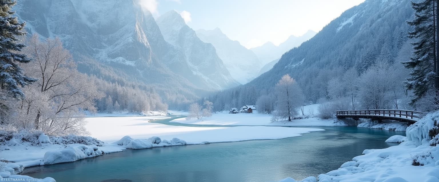 A breathtaking winter landscape, with imposing snow-capped mountains in the background. Frozen lake with crystal clear waters flowing into the valley. the lakeside is lined with ice formations and trees covered in frost and snow. A wooden bridge spans the lake and in the distance you can see a fireplace.