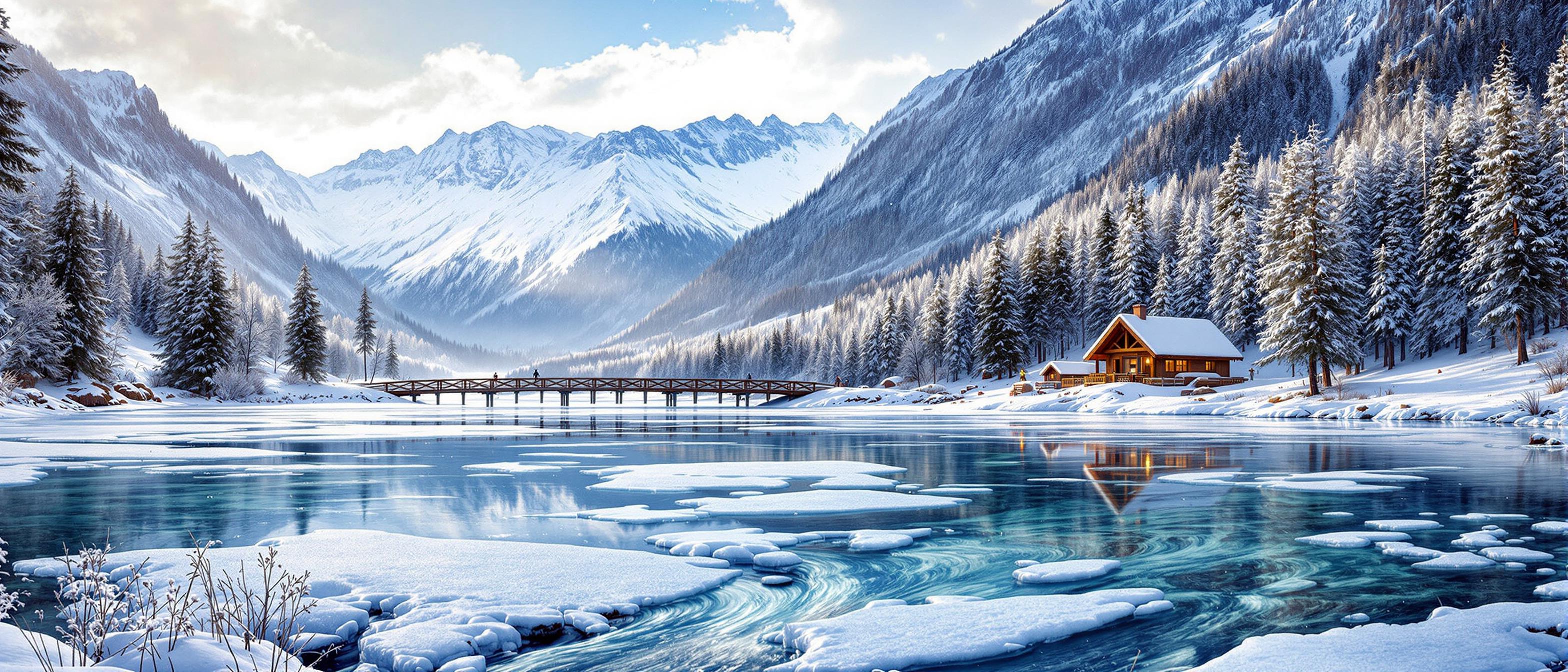 A breathtaking winter landscape, with imposing snow-capped mountains in the background. Frozen lake with crystal clear waters flowing into the valley. the lakeside is lined with ice formations and trees covered in frost and snow. A wooden bridge spans the lake and in the distance you can see a fireplace.