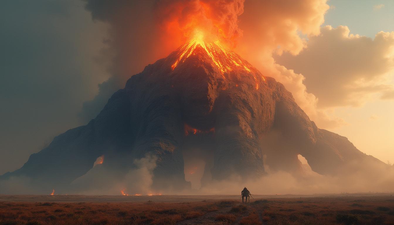 an giant living volcano creature, the size of a mountain, spewing lava, smoke, and ash from its top, four legs, enrormous, walking over a vast plain, angry, dangerous