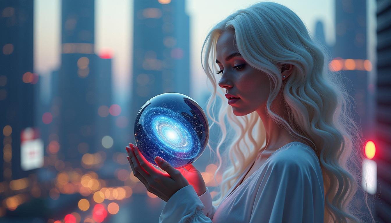 **Image Prompt:**

A hypermodern cybercityscape serves as the backdrop for a portrait of a woman with the ethereal beauty of Cillian Murphy's character, **Kahlan**, her hair styled in long, voluminous 80s curls dyed a striking white blonde. Her large, expressive eyes, reminiscent of Artgerm's character designs, gaze intently into a transparent glass sphere she holds gently in her hands. Inside the sphere, a miniature galaxy swirls, embodying the vastness of the universe in a microcosm.

**Visual Details:**
- Her skin radiates with a porcelain-like glow, subtly highlighted by the neon lights of the city.
- The glass sphere is intricately detailed with tiny refractions of light, capturing the essence of the cosmos within its confines.
- Her attire, a blend of futuristic fashion and Rubens-inspired drapery, flows with a graceful, painterly quality.

**Style:**
- The image marries the vivid, vibrant, and detailed brushstrokes of Rubens with the sleek, futuristic aesthetic of Artgerm, creating a harmonious fusion of classic and cutting-edge art styles.

**Composition:**
- She is centered in the frame, her body turned slightly to the side, eyes focused on the sphere, suggesting introspection and a deep connection to the universe.
- The camera angle is slightly low, looking up to enhance the grandeur of the cybercity and the figure's contemplative stance.

**Mood and Atmosphere:**
- The scene is set at twilight, with the city's lights casting a soft, otherworldly glow, reflecting off the glass sphere and her hair, creating an atmosphere of solitude amidst the bustling Macroworld.
- The cybercity backdrop is alive with movement, yet the focus remains on the serene figure, highlighting the contrast between the chaotic and the tranquil.

**Technical Aspects:**
- Utilize chiaroscuro to bring depth to the shadows and highlights on her face and the glass sphere.
- Employ a wide aperture to blur the background, focusing attention on the subject while still conveying the vastness of the cityscape.

**Cohesion:**
- The elements of futuristic technology, classic art influences, and the intimate portrayal of a human connection to the cosmos all converge to create a scene that is both fantastically imaginative and deeply reflective.