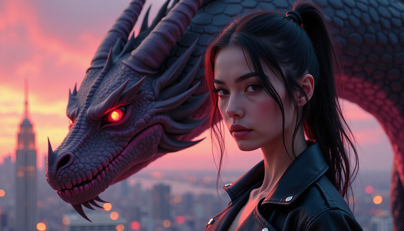 Monica Butcher and the Demon Dragon ,Young woman, Age 25, full body, a blend of Artgerm and Rubens painting style, large clear and detailed eyes, a 80s attire, a futuristic cityline as background, twilight mood, stunning landscape,  8K, wow effect
