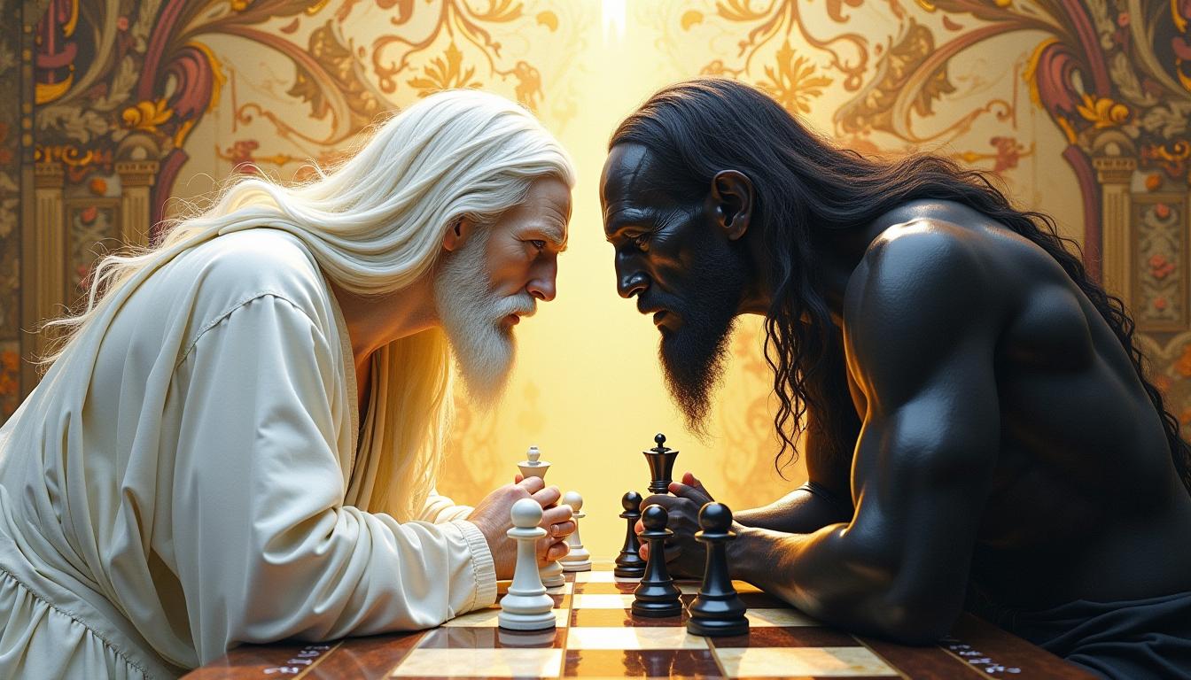 Blend ofpaintings by Clayton Crain and Carne Griffiths and Charlie Bowater, white Jesus and black Satan facing each other, against the background of the intricate patterns of the chessboard. The white Jesus fiery gaze meets the cool, calculating stare of the white Jesus as they prepare to make their next move. Chess pieces scattered around like fallen soldiers in a war of strategy and power. The black Satan attire contrasts sharply with the white Jesus, Natural sunlight illuminates their faces, pure perfection, warmth, fantasy
