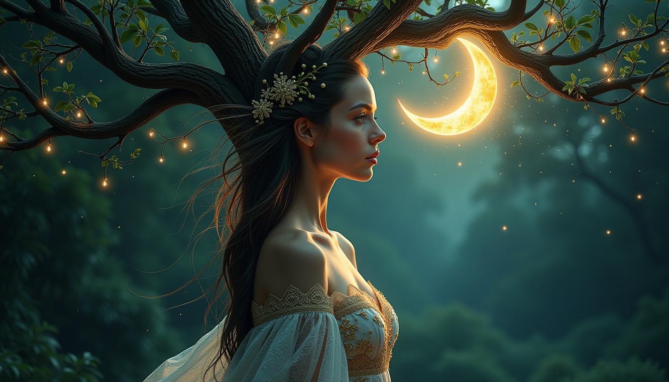 Create an upper body portrait of Lena Meyer-Landrut, blending elements of mystical and fantasy art. She stands beneath a crescent moon, surrounded by the intricate roots and branches of the Tree of Life, which are intertwined with her form, suggesting a deep connection with nature and the cosmos. The scene should be suffused with a magical atmosphere:

- **Visual Details**: Lena's hair flows with an ethereal quality, catching the light to create a halo effect. Her eyes reflect a hint of the moon's glow, adding depth and intrigue. Her attire merges seamlessly with the tree, adorned with filigree patterns and delicate, translucent fabrics that shimmer with a splash of glitter, giving her an otherworldly aura.

- **Style**: Inspired by the digital art mastery of Wlop and Greg Rutkowski, the image should evoke a sense of surreal beauty, with elements reminiscent of comic painting techniques. Employ a mix of digital art and octane rendering to achieve a photorealistic yet fantastical look.

- **Composition**: Frame Lena centrally, with the Tree of Life enveloping her, its roots and branches creating a natural frame. Use rim lighting to highlight her silhouette, casting her features in a soft, glowing light against the dark, mystical background. The moon should be positioned just above her head, casting a silver light that contrasts with the warm, magical glow from within the tree.

- **Mood and Atmosphere**: The scene should exude a serene yet magical ambiance, with the Tree of Life symbolizing growth, connection, and the mystical. The lighting should create a surreal, almost dreamlike quality, with subtle, sparkling lights dancing around, enhancing the fantasy element.

- **Technical Aspects**: Utilize high dynamic range imaging (HDRI) to manage the lighting, ensuring that the moon's illumination and the magical lights are rendered with realism. Apply depth of field to focus on Lena while allowing the background elements to blur slightly, adding to the mystical atmosphere. Employ techniques like bokeh to give a soft, glowing effect to the lights and highlights.

- **Cohesion**: The composition, lighting, and detailed elements should harmonize to create a cohesive image that feels both fantastical and grounded in a believable, surreal world, capturing the essence of Lena as an ethereal figure deeply connected to the mystical Tree of Life.