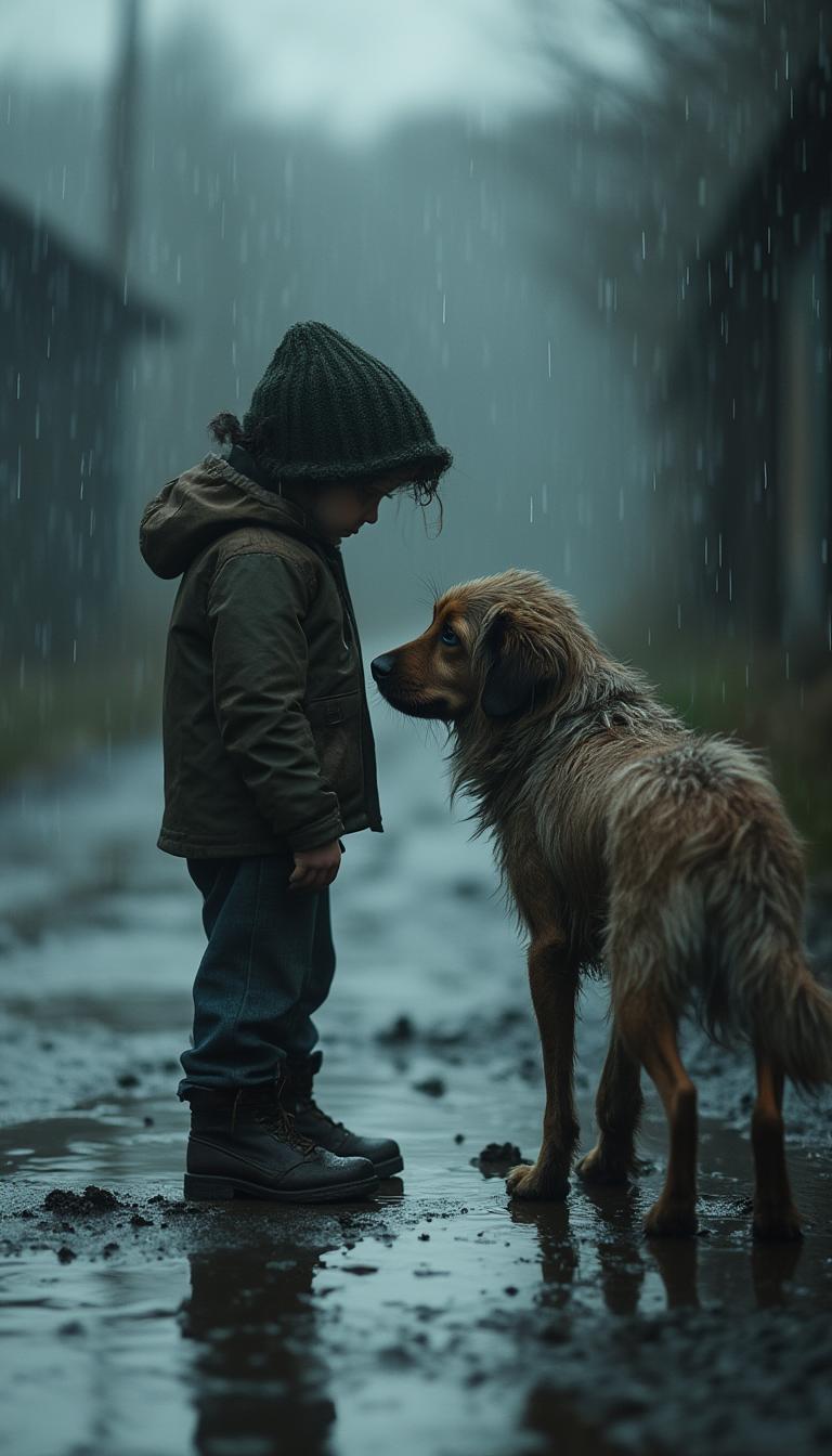 The image captures a poignant scene at the orphanage gate, drenched in a somber, overcast atmosphere. A thin, shivering dog, its fur matted with mud and rain, stands prominently in the foreground, embodying vulnerability and despair. The dog's slight limp adds a layer of poignancy, while its large, sad eyes gaze up at Ethan, evoking a deep sense of longing and connection. Raindrops cascade around them, creating ripples in the puddles that reflect the muted gray skies, enhancing the melancholic mood. The composition is tightly framed to emphasize the emotional exchange between the dog and Ethan, with soft, diffused lighting casting gentle shadows that accentuate the wet surfaces and the dog's forlorn expression, encapsulating a moment of empathy and hope amidst the dreary setting.