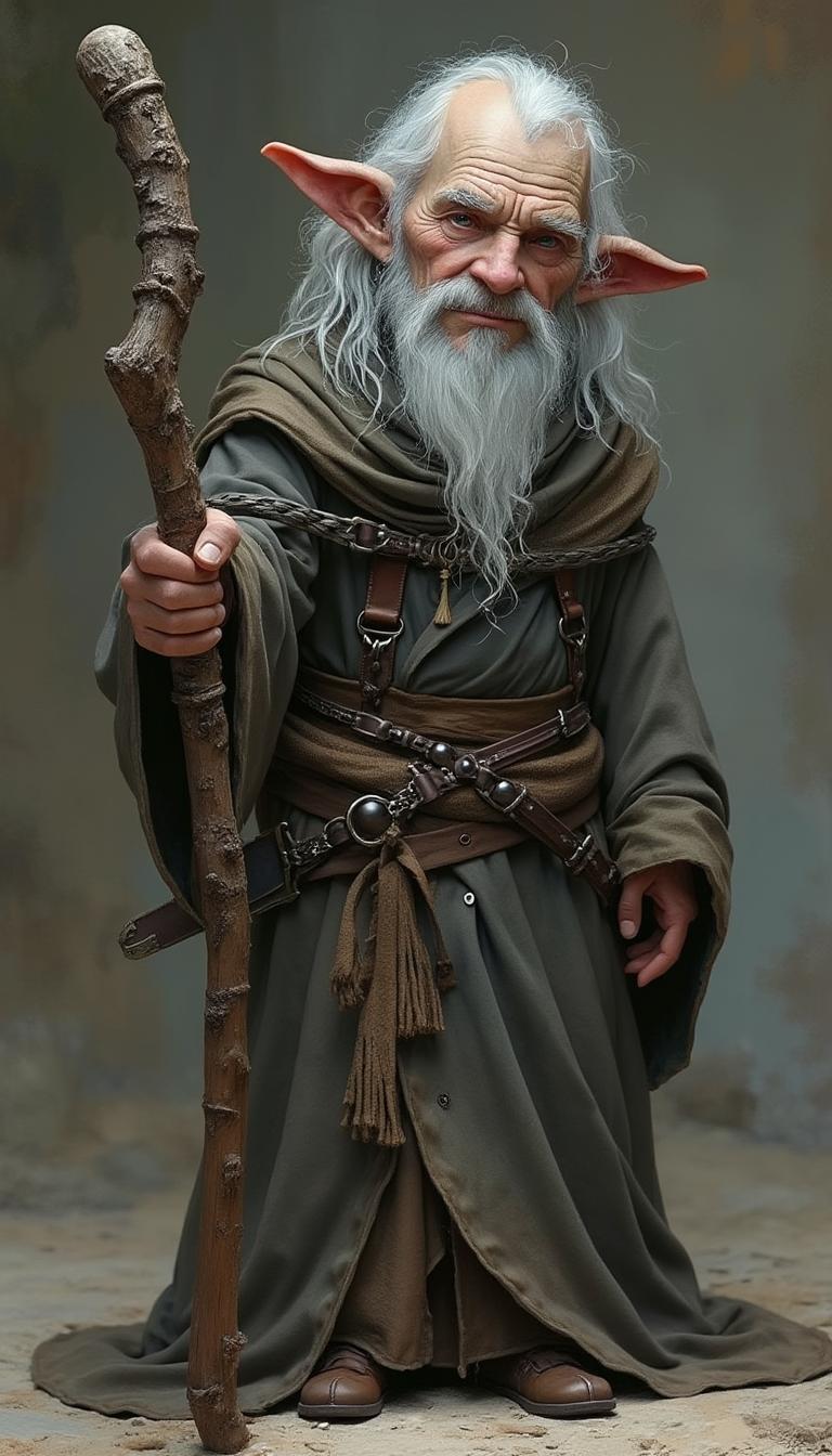 Short grey skinned halfling wizard