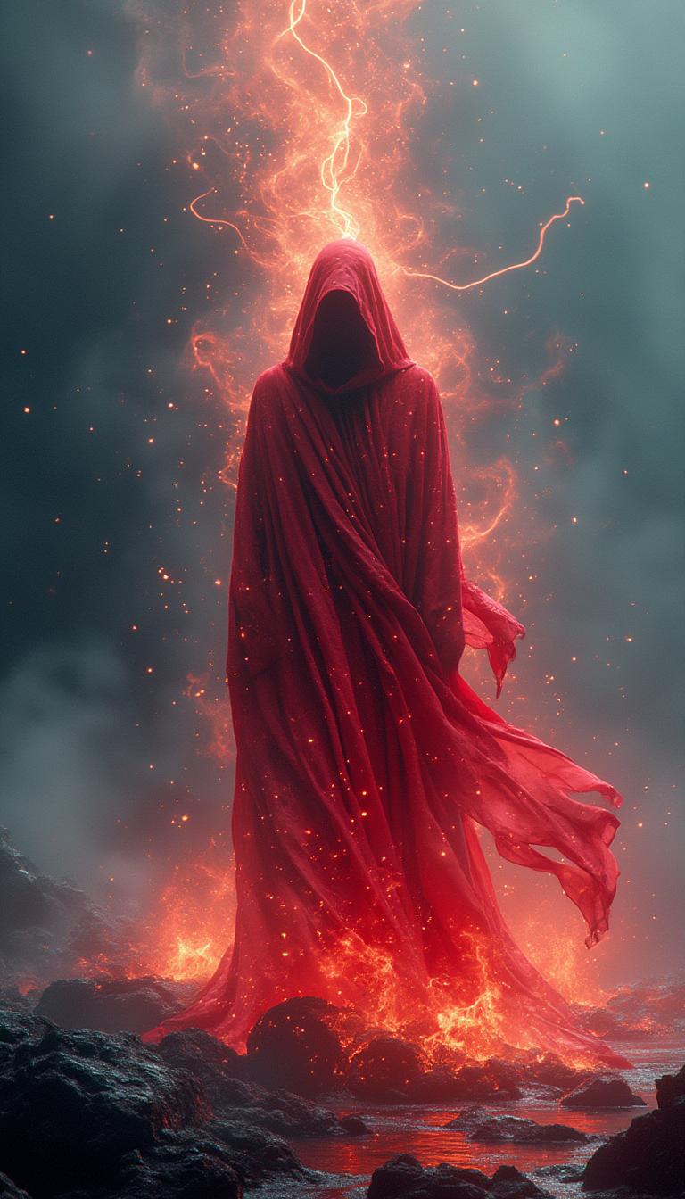 An enigmatic hooded figure dressed in vibrant red robes stands against an epic fantasy environment, where abstract digital waves ripple through the air like a living tapestry. The long, flowing robes, now infused with holographic patterns, cascade like liquid fire, shimmering with the ethereal glow of emitting fumes that rise and swirl around the figure. Shadows envelop the figure's face, enhancing the impression of an unearthly presence as the ambient mist pulses with energy, illuminated by a mysterious celestial light source that seems to breathe life into the surroundings. This surreal landscape, with its dark, rocky terrain, is transformed into a vivid spectacle, evoking a sense of foreboding and ancient power that resonates through the very fabric of this fantastical realm.