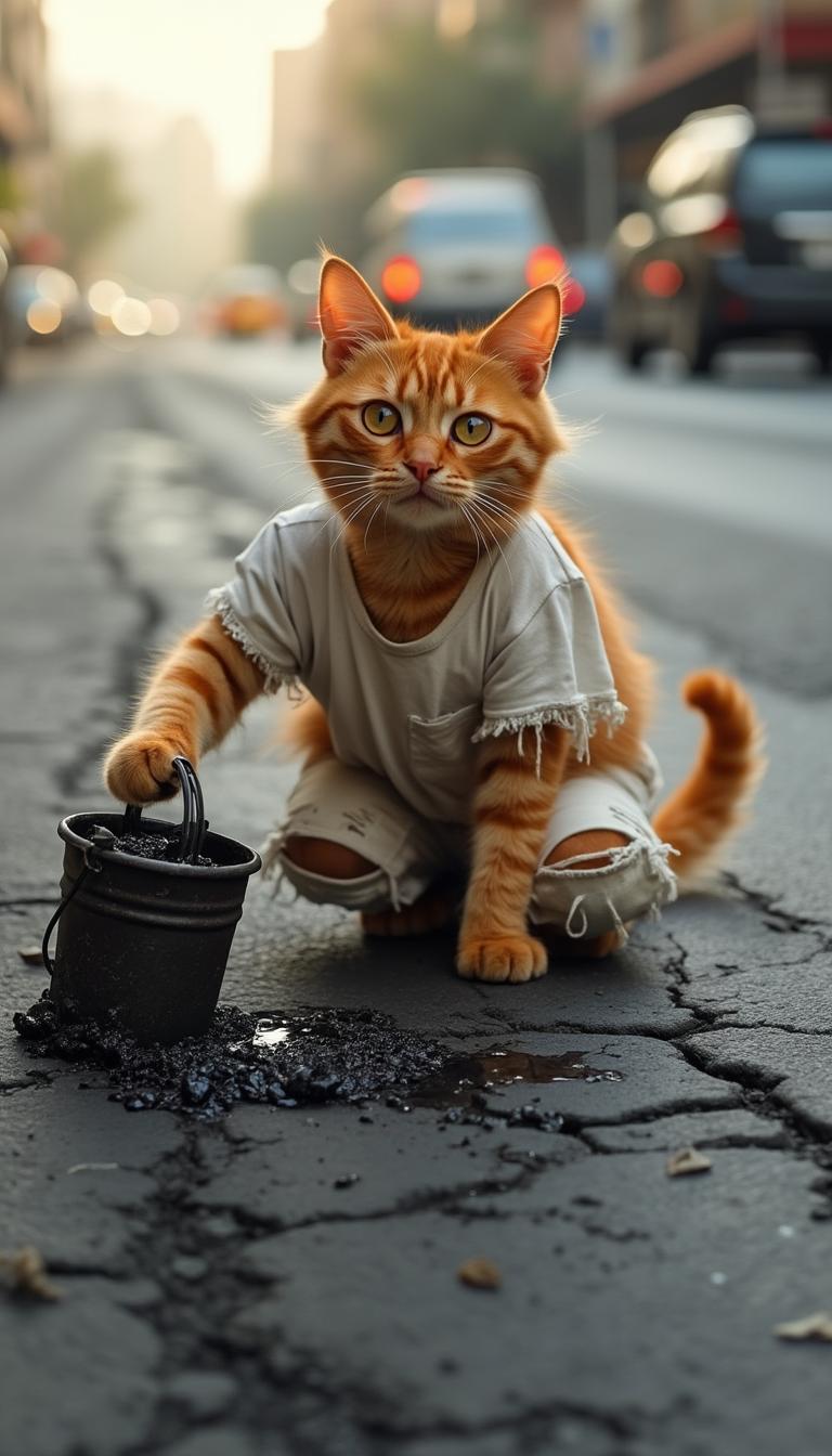 A vibrant orange cat with bright, curious eyes and a few scattered whiskers is kneeling on the asphalt, wearing a tattered white t-shirt with ripped sleeves and torn white pants with frayed hems, enthusiastically pouring steaming hot tar from a small bucket onto the cracked and worn road, the warm sunlight casting a gentle glow on the scene, with a blurred background of urban buildings and passing cars, the cat's fur fluffed up around its ears as it concentrates on its unusual task, the air thick with the pungent smell of tar and the sound of honking horns in the distance.






