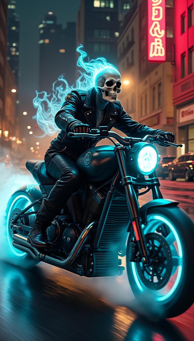 A ghostly skeleton biker riding a powerful, futuristic motorcycle through a neon-lit city at night. The biker's skull emits an eerie blue flame, trailing behind like a ghostly aura. He wears a black leather jacket with silver studs, tight black pants, and heavy boots, gripping the handlebars with a firm, menacing stance. The motorcycle has glowing blue wheels and emits a misty, supernatural aura as it speeds through the wet streets, reflecting the city lights. The background features tall urban buildings with neon signs, parked cars, and dimly lit alleyways, creating a cinematic, action-packed atmosphere. High resolution, vivid bright colors, and dramatic lighting enhance the dynamic, intense scene.






