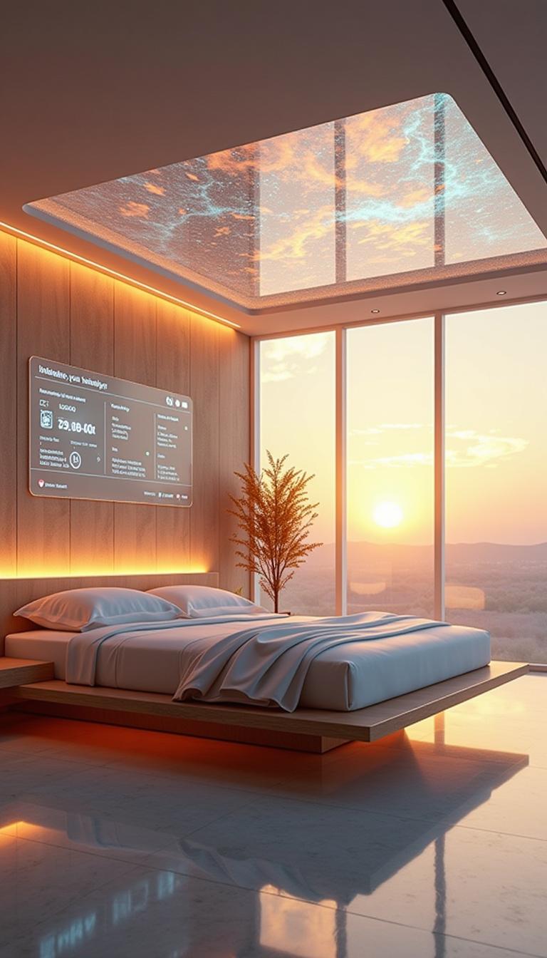 A HD Dynamic 4K Image Of Ultra-realistic futuristic bedroom with a transparent ceiling that turns into a digital sunrise. AI-controlled lighting gradually brightens the room, casting a golden glow. A sleek, gravity-defying bed hovers slightly above the floor. A holographic AI assistant interface floats mid-air, displaying personalized health stats and daily schedule.





