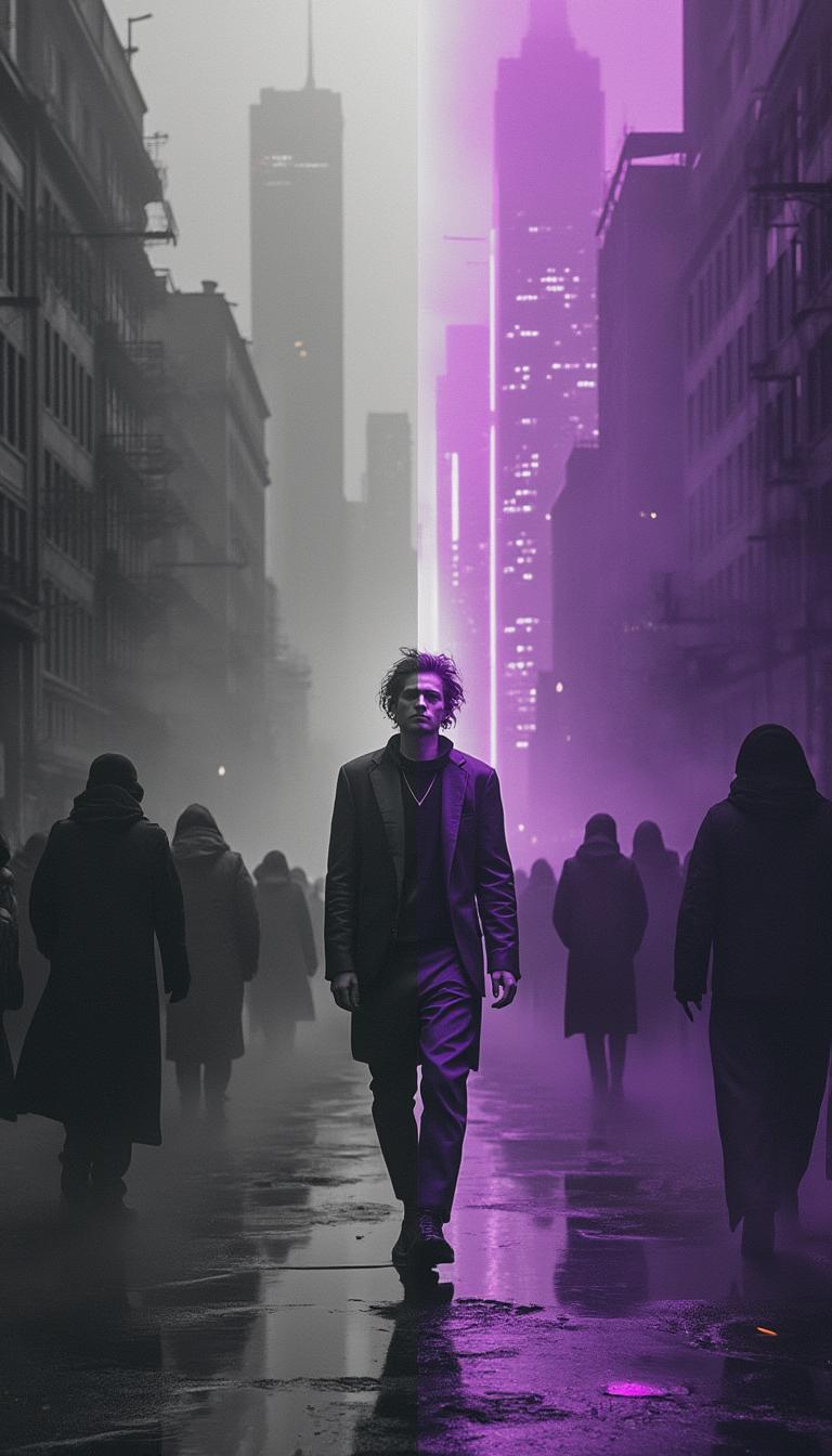 A striking, high-contrast image depicting a profound dichotomy: on one side, a bleak, monochromatic scene in shades of gray, depicting a person walking slowly through an oppressive, fog-shrouded cityscape surrounded by worn-down, lifeless neighborhoods. His expression is blank, his skin pale and his hair disheveled, reflecting monotony and purposelessness, while indistinct figures around him seem trapped in a routine trance.
On the other side, a mesmerizing transition to a vibrant, enigmatic scene, dominated by deep purple hues and an ethereal glow. The same person now appears radiant and confident, wearing elegant clothes that reflect success and self-control, under neon lights that glow like fragments of the subconscious awakening. Modern skyscrapers gleam in the background, while the energy of the surrounding crowd pulsates with purpose. Small details, such as symbols hidden in the shadows and shafts of light piercing the darkness, evoke mental transformation and expansion of consciousness.






