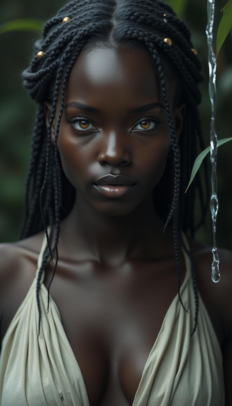 A dramatic and high contrast artistic photorealistic portrait of a beautiful goddess, with very dark skin and a curvaceous body. The goddess has golden irises of both eyes. The gaze of the goddess is loving and attractive. The goddess is peaceful. Her hair is adorned with small golden jewels. She is dressed with linen. In background there is a fall of silvery liquid. The goddess radiates an otherworldly beauty and creates a sense of mystical intimacy. The overall aesthetic is of a mysterious, otherworldly enchantment, evoking a sense of dream and wonder.


