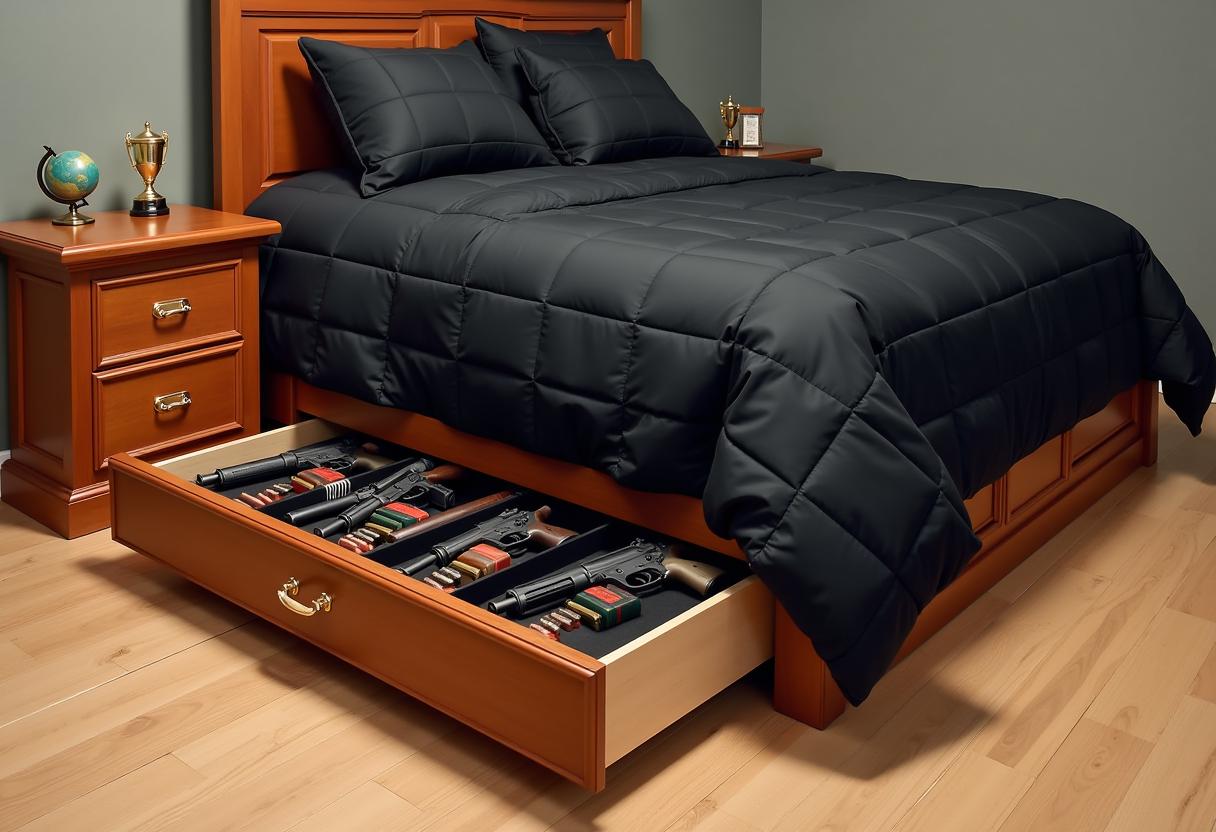 This image depicts a bedroom with a focus on a large bed with a darkcolored quilted comforter. The bed has a wooden headboard with a rich, warm brown finish that matches the nightstands on either side. The nightstands are also made of wood and feature a similar finish, with one having a small golden trophy on top and the other a small globe ornament.The bed is placed against a wall painted in a muted gray color, which contrasts with the warm tones of the wood furniture. The floor is a light hardwood with a natural finish that complements the rooms overall aesthetic.The most striking feature of the image is the hidden compartment beneath the bed. The drawer is cleverly designed to look like a regular bed drawer at first glance, but upon closer inspection, it reveals itself to be a secure gun storage unit. The drawer is made of the same wood as the bed and nightstands, and the interior is lined with black felt to protect the guns and ammunition.Inside the drawer, there are multiple compartments organized with handguns and rifles, each placed in a designated slot to prevent damage. Alongside the firearms, there are also compartments filled with ammunition, which are neatly organized and colorcoded for easy identification.The overall art style of the image is realistic, with attention to detail and texture. The medium appears to be a highresolution photograph, capturing the wood grain, the sheen of the metal handles, and the reflective surfaces of the firearms and ammunition.The colors in the image are warm and earthy, with the brown tones of the wood furniture and the gray walls creating a cozy and inviting atmosphere. The black comforter adds a touch of sophistication and contrast, while the metallic sheen of the guns and ammunition provides a subtle gleam.In summary, this image is a realistic photograph capturing a bedroom with a hidden gun storage compartment beneath the bed. The warm tones of the wood furniture and the earthy color palette create a cozy and inviting atmosphere, while the hidden compartment adds an element of intrigue and functionality.