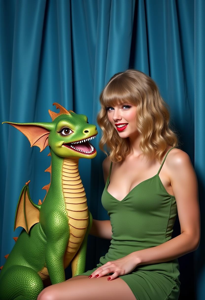 a photo of SWIFT, photorealistic sweet beautiful whimsical fauvist-style depiction, beautiful smiling SWIFT Taylor Swift woman, wavy blond in very tight green camisole, sitting beside a majestic A whimsical silly quirky happy a baby dragon. in a photo booth, making silly gestures and facial expressions. A blue curtain behind them. Hilarious atmosphere.