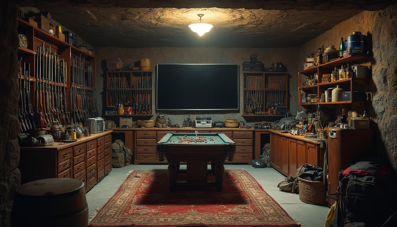 This image depicts a dimly lit, man cave room with a rugged, stone ceiling and walls. Wide screen TV, pool table, keg of Whiskey, The room is filled with an extensive collection of various items, creating a cluttered and somewhat chaotic atmosphere. The lighting is subdued, with a single overhead bulb casting a warm, yellowish glow that highlights the textures and shadows within the space.The art style of the image is reminiscent of a still life or a documentary photograph, capturing a moment in time with a focus on the details and arrangement of objects. The medium appears to be a digital photograph, given the clarity and sharpness of the image.The colors in the image are muted and earthy, with browns, grays, and blacks dominating the palette. There are subtle hints of other colors, such as the golden hue of ammunition on the shelves and the red accents on some of the objects. The rug in the center of the room adds a touch of warmth with its patterned design, featuring shades of red, beige, and brown.The objects in the image are numerous and varied, creating a sense of depth and complexity. On the left side, there are wooden shelves lined with an assortment of rifles, shotguns, and handguns, each secured with a cable lock. Below the shelves, there are drawers filled with what appears to be ammunition and other small items.In the center of the room, there is a wooden table surrounded by various pieces of equipment and tools, including a radio, binoculars, a flashlight, and what seems to be a first aid kit. There are also several backpacks and a sleeping bag, suggesting the room might be used for outdoor activities or emergency preparedness.On the right side, there are more shelves filled with additional rifles, shotguns, and handguns, as well as boxes and containers that could hold ammunition or other supplies. There is also a wicker basket, possibly for organizing smaller items.Overall, the image conveys a sense of a personal collection or a storage space that has been accumulated over time, reflecting a passion for firearms, outdoor activities, or emergency preparedness. The careful arrangement of objects and the subdued lighting contribute to the atmosphere of mystery and intrigue.