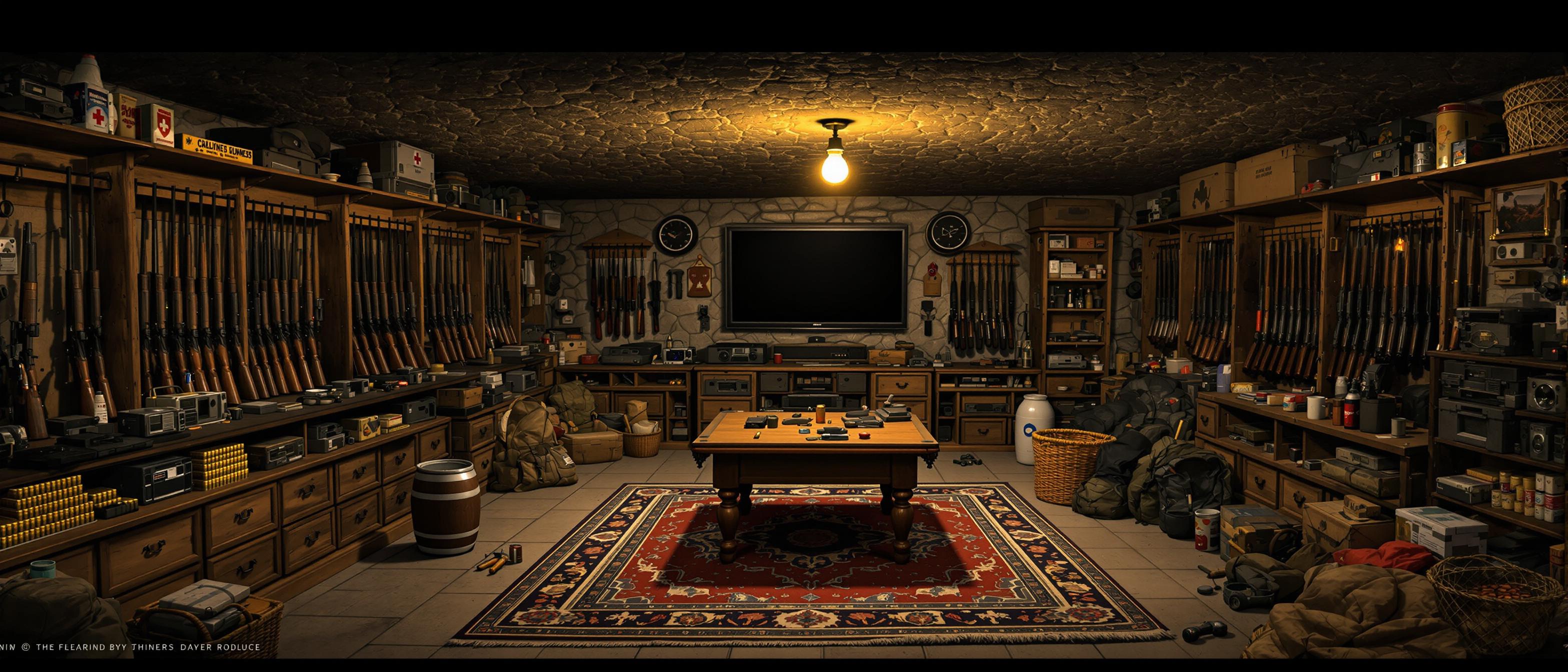 This image depicts a dimly lit, man cave room with a rugged, stone ceiling and walls. Wide screen TV, pool table, keg of Whiskey, The room is filled with an extensive collection of various items, creating a cluttered and somewhat chaotic atmosphere. The lighting is subdued, with a single overhead bulb casting a warm, yellowish glow that highlights the textures and shadows within the space.The art style of the image is reminiscent of a still life or a documentary photograph, capturing a moment in time with a focus on the details and arrangement of objects. The medium appears to be a digital photograph, given the clarity and sharpness of the image.The colors in the image are muted and earthy, with browns, grays, and blacks dominating the palette. There are subtle hints of other colors, such as the golden hue of ammunition on the shelves and the red accents on some of the objects. The rug in the center of the room adds a touch of warmth with its patterned design, featuring shades of red, beige, and brown.The objects in the image are numerous and varied, creating a sense of depth and complexity. On the left side, there are wooden shelves lined with an assortment of rifles, shotguns, and handguns, each secured with a cable lock. Below the shelves, there are drawers filled with what appears to be ammunition and other small items.In the center of the room, there is a wooden table surrounded by various pieces of equipment and tools, including a radio, binoculars, a flashlight, and what seems to be a first aid kit. There are also several backpacks and a sleeping bag, suggesting the room might be used for outdoor activities or emergency preparedness.On the right side, there are more shelves filled with additional rifles, shotguns, and handguns, as well as boxes and containers that could hold ammunition or other supplies. There is also a wicker basket, possibly for organizing smaller items.Overall, the image conveys a sense of a personal collection or a storage space that has been accumulated over time, reflecting a passion for firearms, outdoor activities, or emergency preparedness. The careful arrangement of objects and the subdued lighting contribute to the atmosphere of mystery and intrigue.