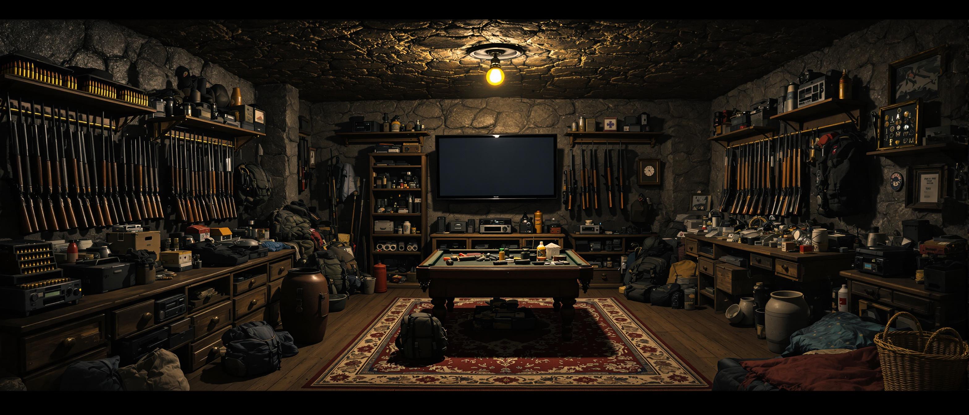 This image depicts a dimly lit, man cave room with a rugged, stone ceiling and walls. Wide screen TV, pool table, keg of Whiskey, The room is filled with an extensive collection of various items, creating a cluttered and somewhat chaotic atmosphere. The lighting is subdued, with a single overhead bulb casting a warm, yellowish glow that highlights the textures and shadows within the space.The art style of the image is reminiscent of a still life or a documentary photograph, capturing a moment in time with a focus on the details and arrangement of objects. The medium appears to be a digital photograph, given the clarity and sharpness of the image.The colors in the image are muted and earthy, with browns, grays, and blacks dominating the palette. There are subtle hints of other colors, such as the golden hue of ammunition on the shelves and the red accents on some of the objects. The rug in the center of the room adds a touch of warmth with its patterned design, featuring shades of red, beige, and brown.The objects in the image are numerous and varied, creating a sense of depth and complexity. On the left side, there are wooden shelves lined with an assortment of rifles, shotguns, and handguns, each secured with a cable lock. Below the shelves, there are drawers filled with what appears to be ammunition and other small items.In the center of the room, there is a wooden table surrounded by various pieces of equipment and tools, including a radio, binoculars, a flashlight, and what seems to be a first aid kit. There are also several backpacks and a sleeping bag, suggesting the room might be used for outdoor activities or emergency preparedness.On the right side, there are more shelves filled with additional rifles, shotguns, and handguns, as well as boxes and containers that could hold ammunition or other supplies. There is also a wicker basket, possibly for organizing smaller items.Overall, the image conveys a sense of a personal collection or a storage space that has been accumulated over time, reflecting a passion for firearms, outdoor activities, or emergency preparedness. The careful arrangement of objects and the subdued lighting contribute to the atmosphere of mystery and intrigue.