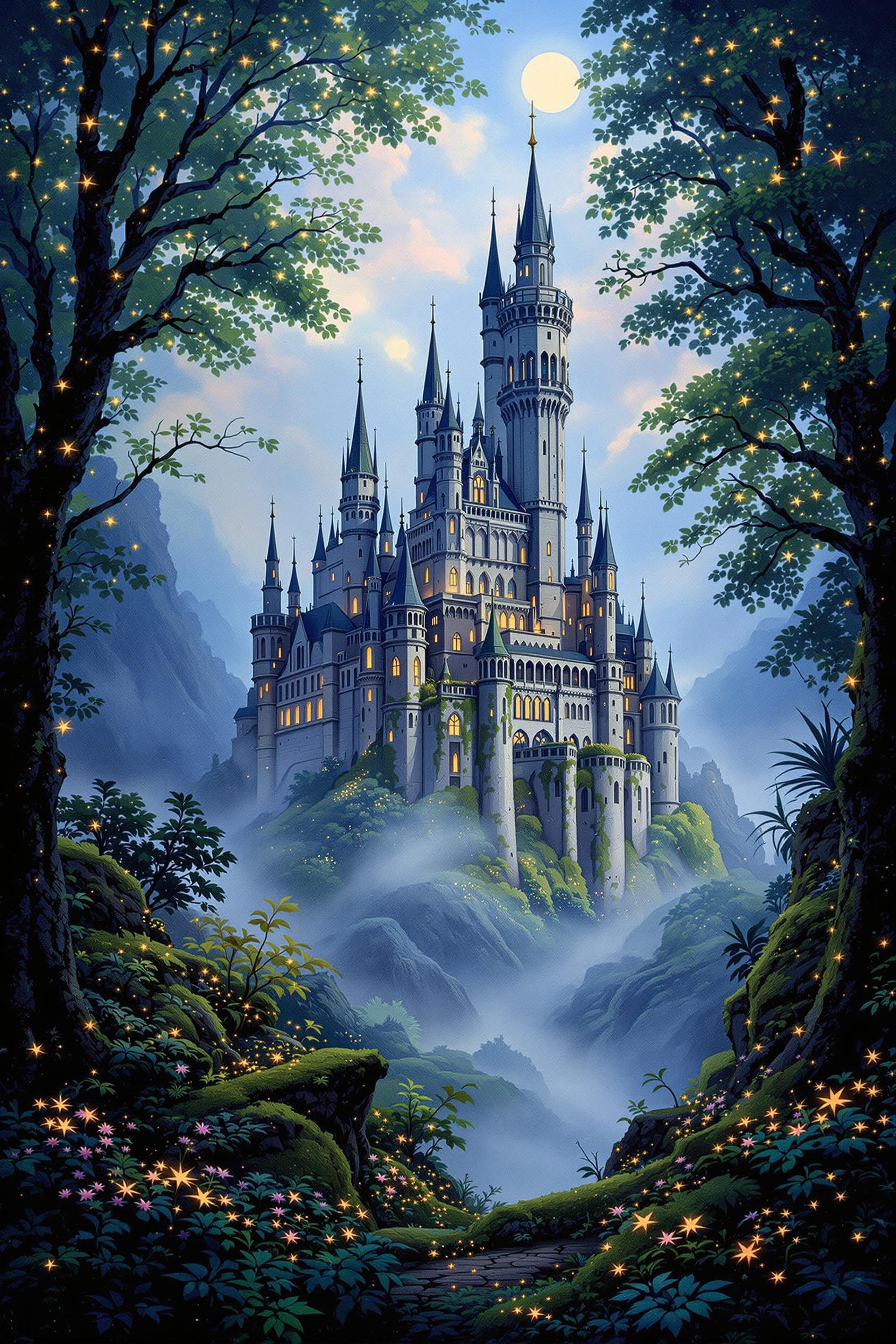 A majestic castle with towering spires, enveloped by an enchanted forest where bioluminescent flora and fauna emit a soft, ethereal glow, in the impressionistic style of Claude Monet. The scene should capture the interplay of light and shadow, with the forest canopy dappled in shades of twilight blue and muted green. The castle, a blend of gray stone and moss, stands as a silhouette against a sky painted with delicate strokes of pastel hues, reminiscent of Monet's brushwork. The composition places the castle slightly off-center, creating a sense of depth through layers of foliage leading the eye to the castle. The atmosphere is serene, with a gentle mist rising from the forest floor, enhancing the mystical ambiance. Use techniques like sfumato to soften edges, and focus on the play of light to evoke a sense of wonder and timelessness.