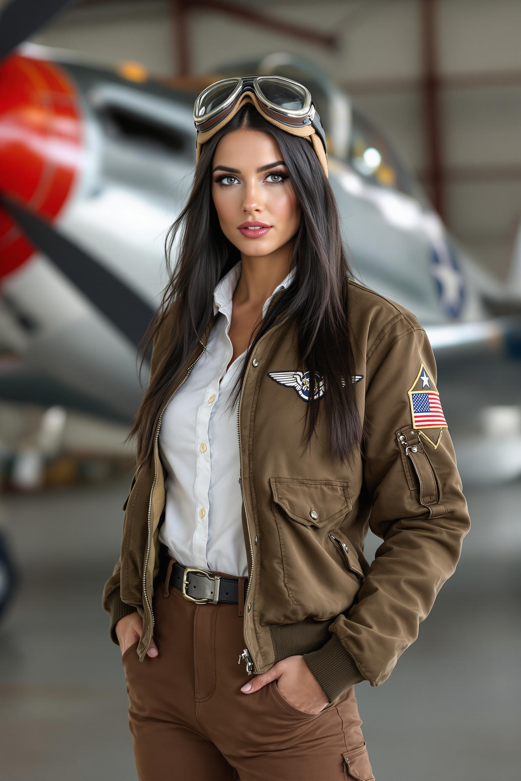 a beautiful 33 year old irish woman, thin, fit, blue eyes, long straight black hair.  She is wearing a white button down shirt, a brown bomber jacket with pilot wings on the chest, brown pants, riding boots, and a set of aviator goggles on the top of her head.  She is standing in a hangar in front of a P-51 Mustang aircraft