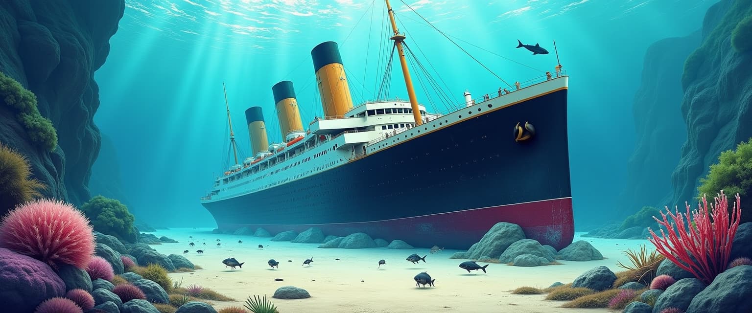 
Illustration of the wreck of the ocean liner "Titanic" resting on the sand at the bottom of the icy sea at the North Pole, colonized by various fish, crustaceans, marine vegetation and corals of all kinds. Appearance of a large aquarium;