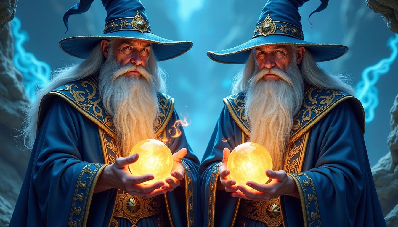Two male wizards, middle-aged, are depicted in a fantasy scene.  Both have long, flowing, gray hair and full, white beards.  They are of light complexion.  They are dressed in dark blue robes with gold trim and accents, adorned with elaborate patterns.  They wear pointed hats with gold details.  Their expressions are serious and intense, with focused gazes.  Their bodies are of a medium build.  Each wizard holds a glowing, fiery orb in their hands.  The background features swirling, bright blue energy and light effects, creating a dramatic atmosphere.  The wizards are positioned centrally within the image, facing the viewer directly.  The lighting is dramatic and focused on the wizards and their glowing orbs, casting shadows behind them.  The style is detailed and stylized, with a strong emphasis on rich colors and textures, evocative of a fantasy or magical setting.  The composition is symmetrical and balanced, with the wizards mirroring each other's poses. Important details include the glowing orbs and the intricate details of the robes.  A sense of power and magic is conveyed throughout.