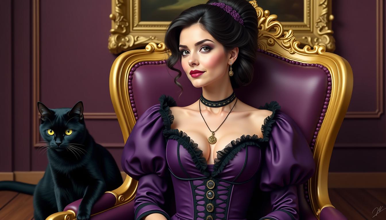 A **stylized digital portrait** of a woman in a **Victorian-inspired fantasy setting**, showcasing:

**Visual Details:**
- **Subject:** A woman with an **elaborate updo** and loose tendrils, wearing a **deep purple, satin or silk gown** with black detailing, including a **corset-style bodice, puffed sleeves, and a ruffled skirt**. She has a **black choker with a pendant necklace**.
- **Colors:** Predominantly **deep purple** dress with **gold accents** on the chair and frame. The **black cat** with **piercing yellow eyes** adds a dark, bold contrast. The background wall in **deep purple** complements the dress, with the floor in **warm, golden brown**.
- **Textures:** Smooth, glossy sheen of the dress, sleek fur of the cat, and intricate carvings on the chair.

**Style:**
- **Artistic Influence:** Baroque-inspired opulence with a touch of fantasy, reminiscent of **stylized portraiture** with a digital painting technique for smooth color blending.

**Composition:**
- **Framing:** The woman is **seated on a golden, ornate chair** with intricate scrollwork, positioned to emphasize her regality. A **large, ornate gold frame** behind adds to the historical ambiance, with the **black cat** to the left, enhancing the composition's balance.
- **Camera Angle:** A **slightly low angle** to capture the grandeur of the scene, focusing on the subject's face and attire.

**Mood and Atmosphere:**
- **Ambiance:** Regal elegance with a touch of mystery, conveyed through the rich color palette and detailed environment. The **time of day** feels timeless, enhancing the fantasy element.
- **Lighting:** Soft, diffused lighting that highlights the **gold accents** and **satin sheen** of the dress, creating depth and a dramatic effect.

**Technical Aspects:**
- **Focus:** Sharp focus on the subject with a **bokeh effect** on the background to blur details outside the frame, drawing attention to the central figure.
- **Shadows and Highlights:** Subtle use of **chiaroscuro** to accentuate the folds of the dress and the texture of the cat's fur.

This prompt creates an image that is **cohesively regal, luxurious, and evocative**, blending fantasy elements with historical style to produce a visually compelling scene.