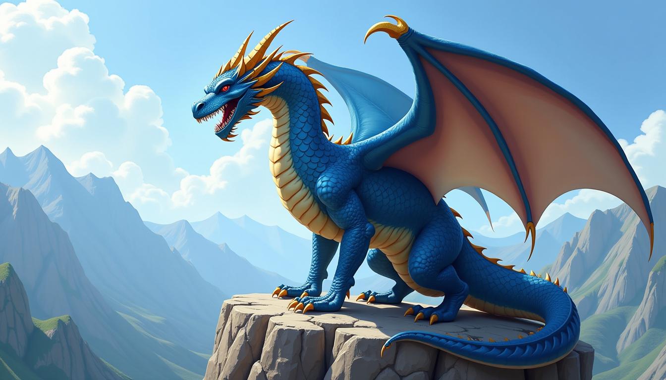 In a majestic digital painting, visualize a **blue dragon** with a gradient of scales from deep navy to light azure, highlighted with lighter blue and shadowed by darker blue, providing an intricate, realistic texture. The dragon's wings are expansive, feathered, and adorned with golden edges that catch the light. Its muscular body contrasts with a golden underbelly, while its head turns to reveal a fierce expression with sharp, bared teeth and fiery red eyes. The dragon's curved horns are tipped in gold, enhancing its regal and formidable presence.

Perched atop a **rugged rock formation**, the scene shows jagged, uneven rocks with a rough texture, suggesting the wear of time. The rock colors are a mix of grays and browns, with lighter hues possibly due to mineral deposits or light play.

The **background** expands into a majestic landscape with misty mountains fading into the horizon, lush green valleys, and hints of blue skies with white clouds, suggesting a high altitude. 

**Artistic Style:** The image is rendered in a realistic style with fantastical elements, utilizing digital painting techniques for smooth gradients and detailed textures. 

**Composition:** The dragon is centrally positioned, dominating the frame with its imposing presence. The camera angle is slightly low, looking up at the dragon to emphasize its grandeur. 

**Mood and Atmosphere:** The mood is one of awe and fantasy, with a harmonious blend of cool blues and warm golds creating depth and contrast. The lighting is dramatic, highlighting the dragon's scales and the rock formation's textures, with shadows adding to the realism and depth of the scene.

**Technical Aspects:** Utilize digital painting techniques for seamless gradients, detailed scale rendering, and realistic textures. Focus on the interplay of light and shadow to enhance the three-dimensionality of the dragon and the environment.