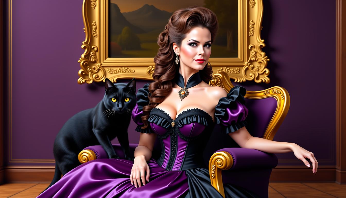 Brooke-LoRA-Zip, A **stylized digital portrait** of a woman in a **Victorian-inspired fantasy setting**, showcasing:

**Visual Details:**
- **Subject:** A woman with an **elaborate brown updo** and loose tendrils, wearing a **deep purple, satin or silk gown** with black detailing, including a **corset-style bodice, puffed sleeves, and a ruffled skirt**. She has a **black choker with a pendant necklace**.
- **Colors:** Predominantly **deep purple** dress with **gold accents** on the chair and frame. The **black cat** with **piercing yellow eyes** adds a dark, bold contrast. The background wall in **deep purple** complements the dress, with the floor in **warm, golden brown**.
- **Textures:** Smooth, glossy sheen of the dress, sleek fur of the cat, and intricate carvings on the chair.

**Style:**
- **Artistic Influence:** Baroque-inspired opulence with a touch of fantasy, reminiscent of **stylized portraiture** with a digital painting technique for smooth color blending.

**Composition:**
- **Framing:** The woman is **seated on a golden, ornate chair** with intricate scrollwork, positioned to emphasize her regality. A **large, ornate gold frame** behind adds to the historical ambiance, with the **black cat** to the left, enhancing the composition's balance.
- **Camera Angle:** A **slightly low angle** to capture the grandeur of the scene, focusing on the subject's face and attire.

**Mood and Atmosphere:**
- **Ambiance:** Regal elegance with a touch of mystery, conveyed through the rich color palette and detailed environment. The **time of day** feels timeless, enhancing the fantasy element.
- **Lighting:** Soft, diffused lighting that highlights the **gold accents** and **satin sheen** of the dress, creating depth and a dramatic effect.

**Technical Aspects:**
- **Focus:** Sharp focus on the subject with a **bokeh effect** on the background to blur details outside the frame, drawing attention to the central figure.
- **Shadows and Highlights:** Subtle use of **chiaroscuro** to accentuate the folds of the dress and the texture of the cat's fur.

This prompt creates an image that is **cohesively regal, luxurious, and evocative**, blending fantasy elements with historical style to produce a visually compelling scene.