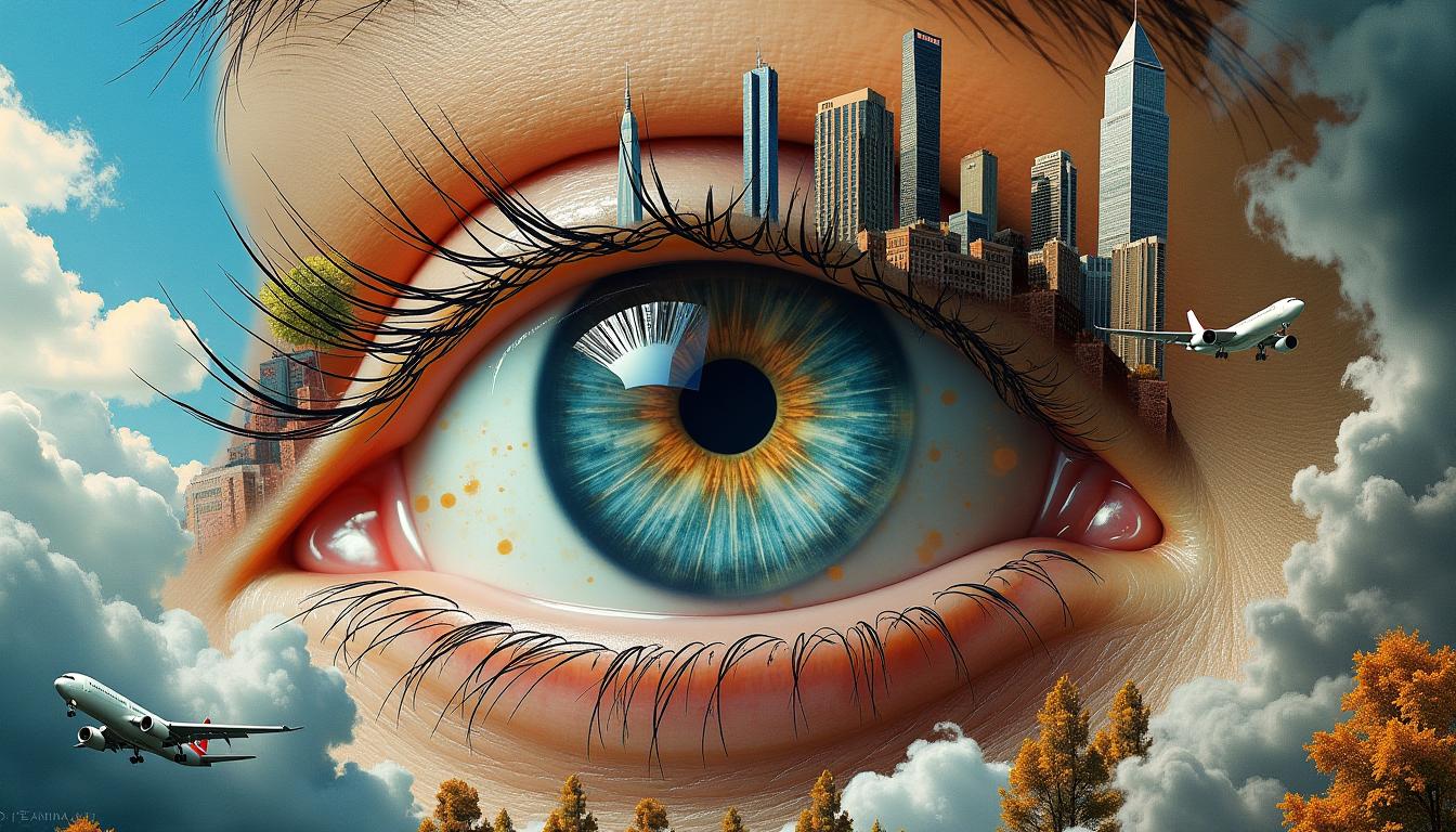 A surreal, panoramic collage centered around a **human eye** that serves as the focal point. The eye is depicted in large, **detailed** focus with a **vivid** pupil and iris. Within this eye:

- **Superimposed Images**: Dynamic swirls of **skyscrapers, cities, clouds, planes, documents, and reflections** interweave, creating an impression of **interwoven realities**.
- **Environments**: Diverse scenes ranging from **vibrant cityscapes** to **skies filled with clouds and aircraft** are seamlessly integrated within the eye's structure.
- **Financial Elements**: Incorporate **currency notes** and financial documents to add layers of complexity.

**Color Palette**: Utilize **vibrant blues, warm oranges, and browns** to evoke **chaos and wonder**. 

**Lighting**: Apply **dramatic lighting** to heighten the atmosphere, casting deep shadows and bright highlights to enhance the surreal effect.

**Artistic Style**: 
- **Dreamlike and Surreal**: Mimic the fluidity of Salvador Dalí or the dreamscapes of René Magritte, yet with a modern, **kaleidoscopic** twist.
- **Technique**: Employ **vigorous brushstrokes** reminiscent of Van Gogh, combined with graphic elements for a **complex composition**.

**Composition**: 
- **Perspective**: Distort the perspective to be **panoramic**, as if viewing the world through a massive eye. 
- **Layout**: The eye should dominate the center, with elements radiating outward, creating a sense of depth and movement.

**Mood and Atmosphere**: 
- **Awe and Wonder**: The image should evoke a sense of **awe** through its surreal and abstract approach, with elements that seem to exist in multiple times and places simultaneously.

**Technical Aspects**: 
- **Depth of Field**: Use a shallow depth of field to focus sharply on the eye's center while allowing the surrounding elements to blur, enhancing the dreamlike quality.
- **Texture**: Integrate textures that suggest both the smoothness of the eye and the roughness of the urban landscapes and documents.

**Cohesion**: Ensure all elements blend harmoniously, creating a unified scene where each part contributes to the overarching surreal narrative.