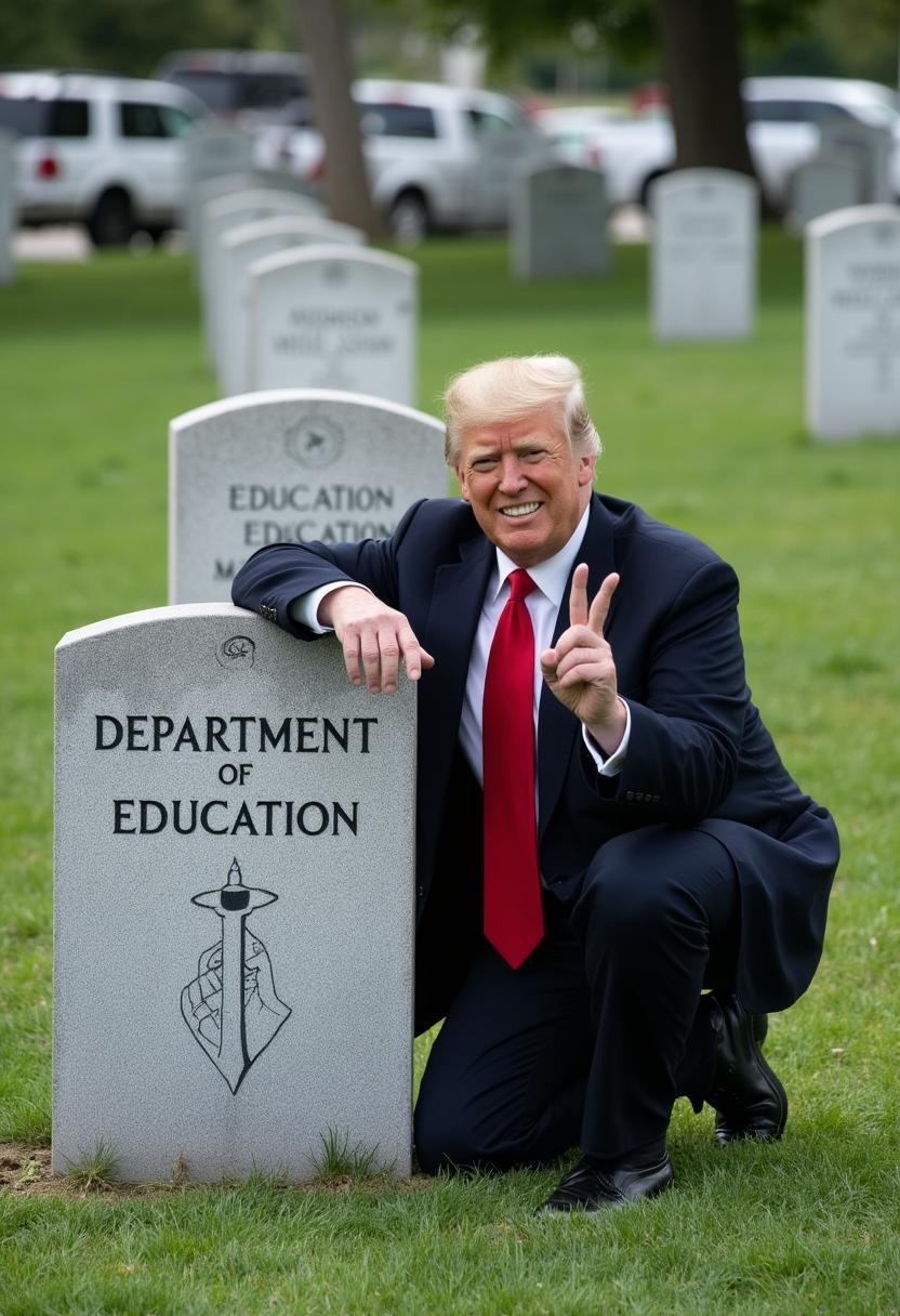 a photo of MAGA, MAGA Donald Trump kneeling next to a tomb stone that reads "DEPARTMENT OF EDUCATION" looking at the camera, smiling giving a peace sign
