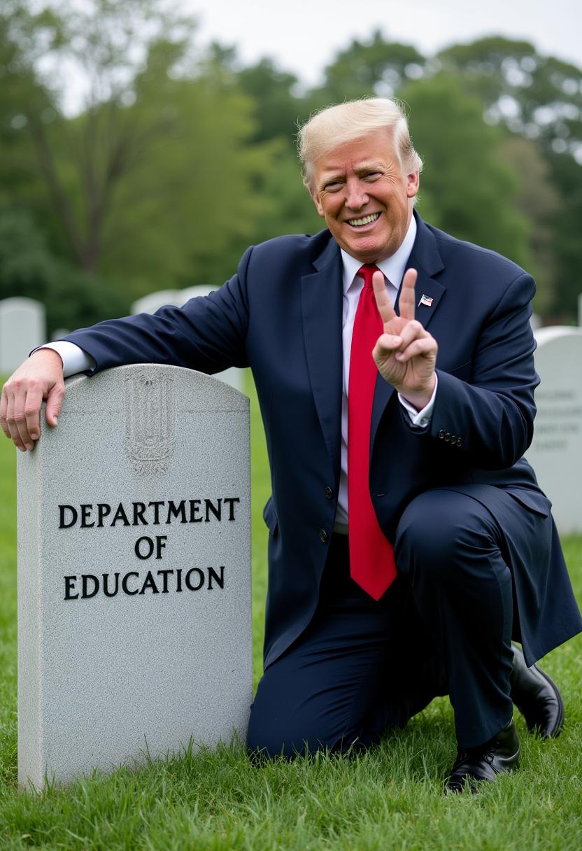 a photo of MAGA, MAGA Donald Trump kneeling next to a tomb stone that reads "DEPARTMENT OF EDUCATION" looking at the camera, smiling giving a peace sign