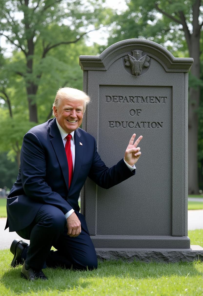 a photo of MAGA, MAGA Donald Trump kneeling next to a tomb stone that reads "DEPARTMENT OF EDUCATION" looking at the camera, smiling giving a peace sign