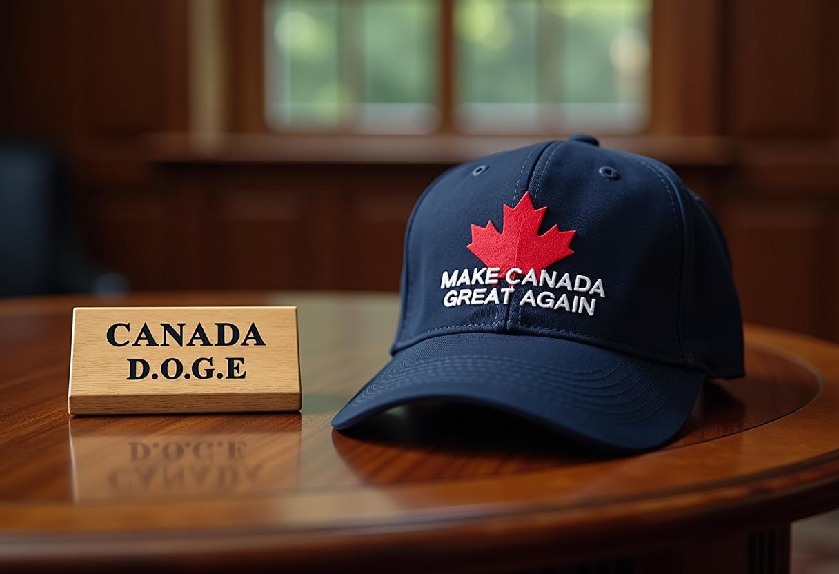 Create a image of a oak desk in a round office, on the corner of the desk a oak wood brass name that reads "CANADA D.O.G.E." and a navy blue hat with the words "MAKE CANADA GREAT AGAIN" above the text a red maple leaf 🍁 facing viewer 