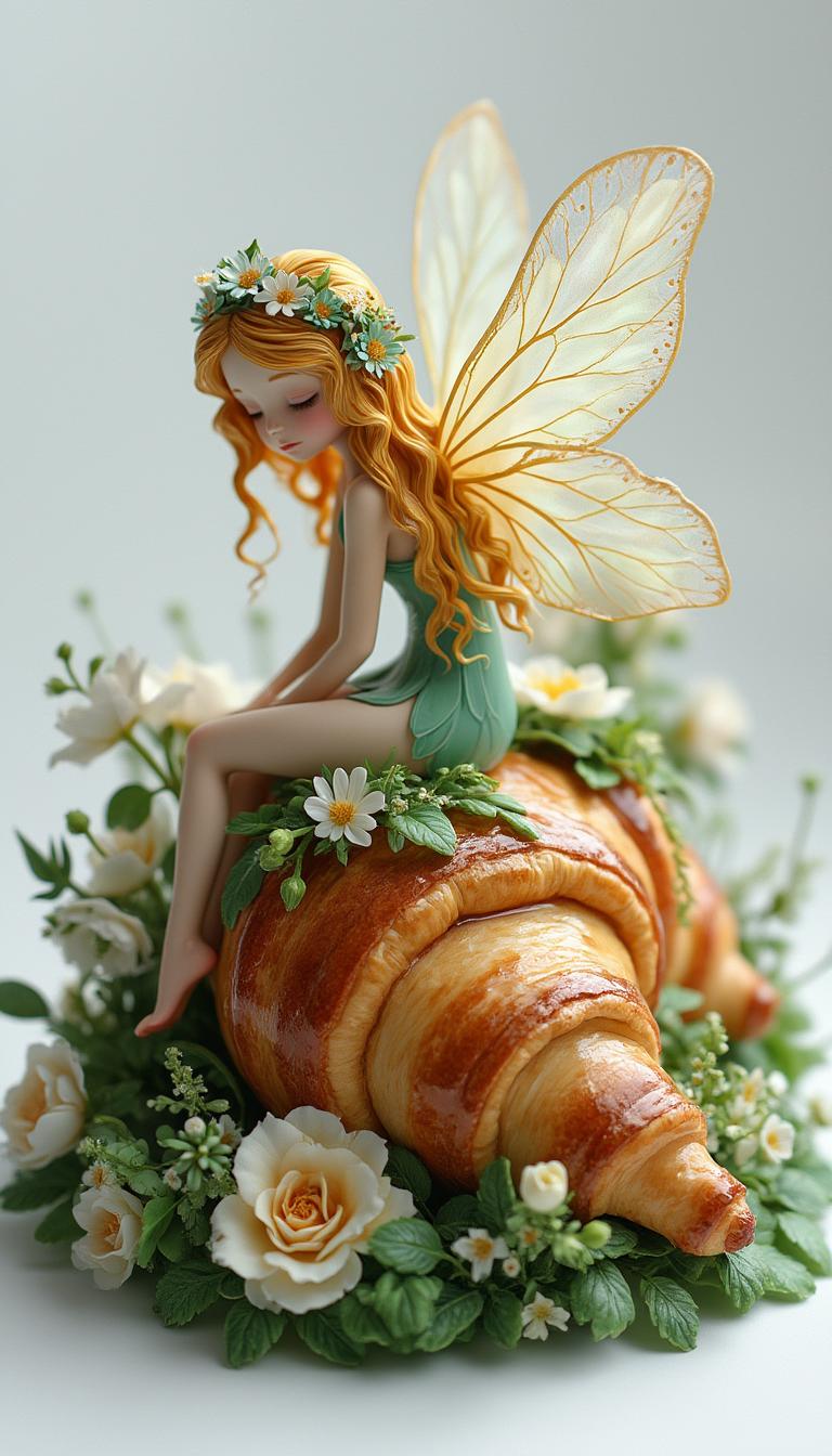 Create a magical, porcelain-inspired croissant featuring a detailed fairy resting on the top of croissant. The fairy should have golden hair adorned with a floral crown and translucent, shimmering wings, styled in the same elegant and serene pose on the top. The porcelain croissant is designed with vibrant green foliage textures and blooming flowers, resembling a lush forest, with a glossy, polished finish. The entire scene should exude fantasy and elegance, highlighting the glossy porcelain finish and intricate details, set against a clean white background 




