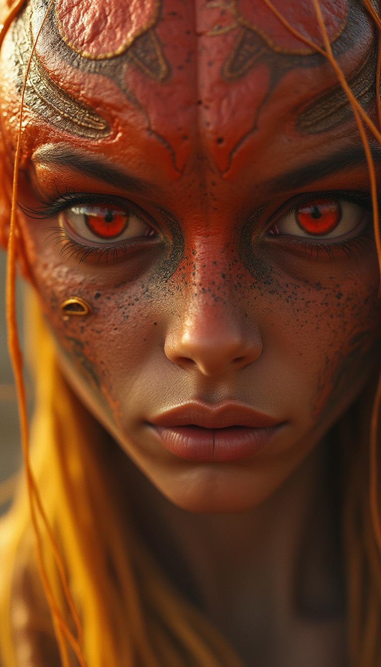 A warm, tight close-up shot of a fantasy sci-fi subject with detailed focus and a color palette of reds, oranges, and yellows.



