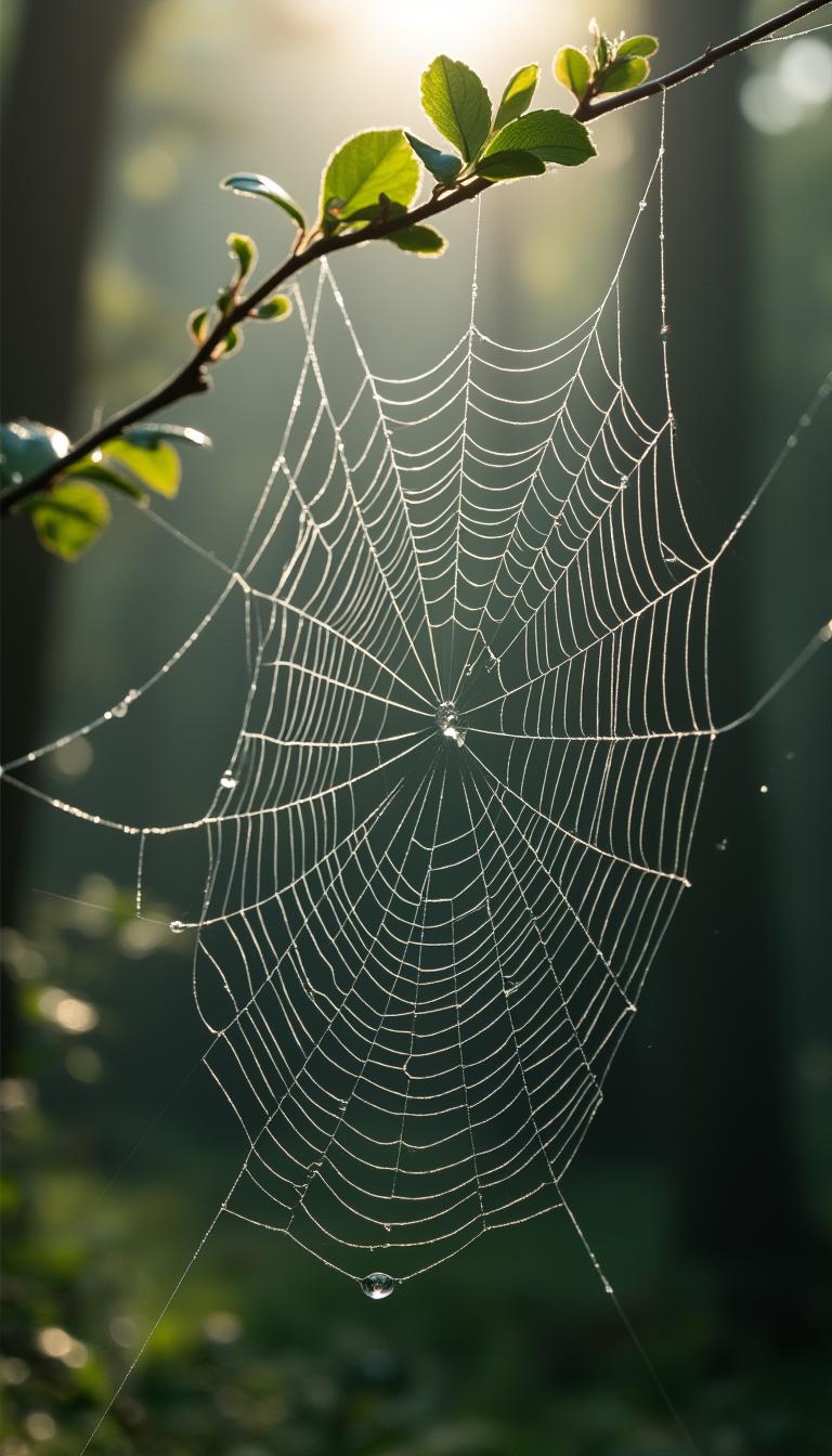 An intricate spiderweb glistening with morning dew, set in a tranquil forest. In the background, soft light filters through the trees, illuminating the delicate strands. A gentle breeze causes the web to sway slightly, symbolizing the fragility of emotions. Nearby, a single dewdrop teeters on the edge of the web, ready to fall, representing the tenuous nature of our feelings
